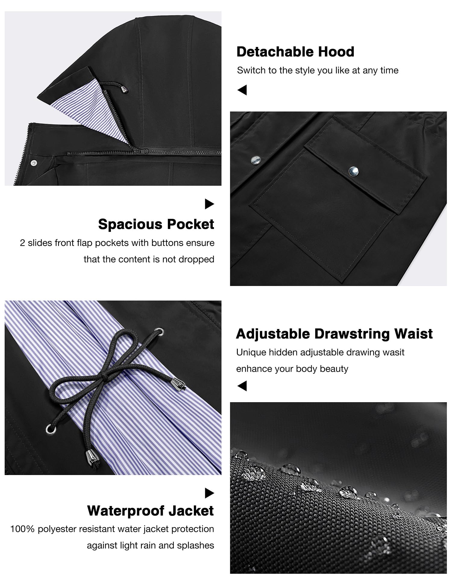 Bloggerlove Womens Rain Jackets Hooded Lightweight Rain coat Outdoor Waterproof Windbreaker Black XL Black Extr Large U1