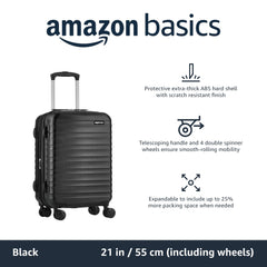 Amazon Basics Expandable Hardside Carry-On Luggage, Suitcase with Wheels, 21-Inch Spinner with Four Spinner Wheels and Scratch-Resistant Surface, Black U2