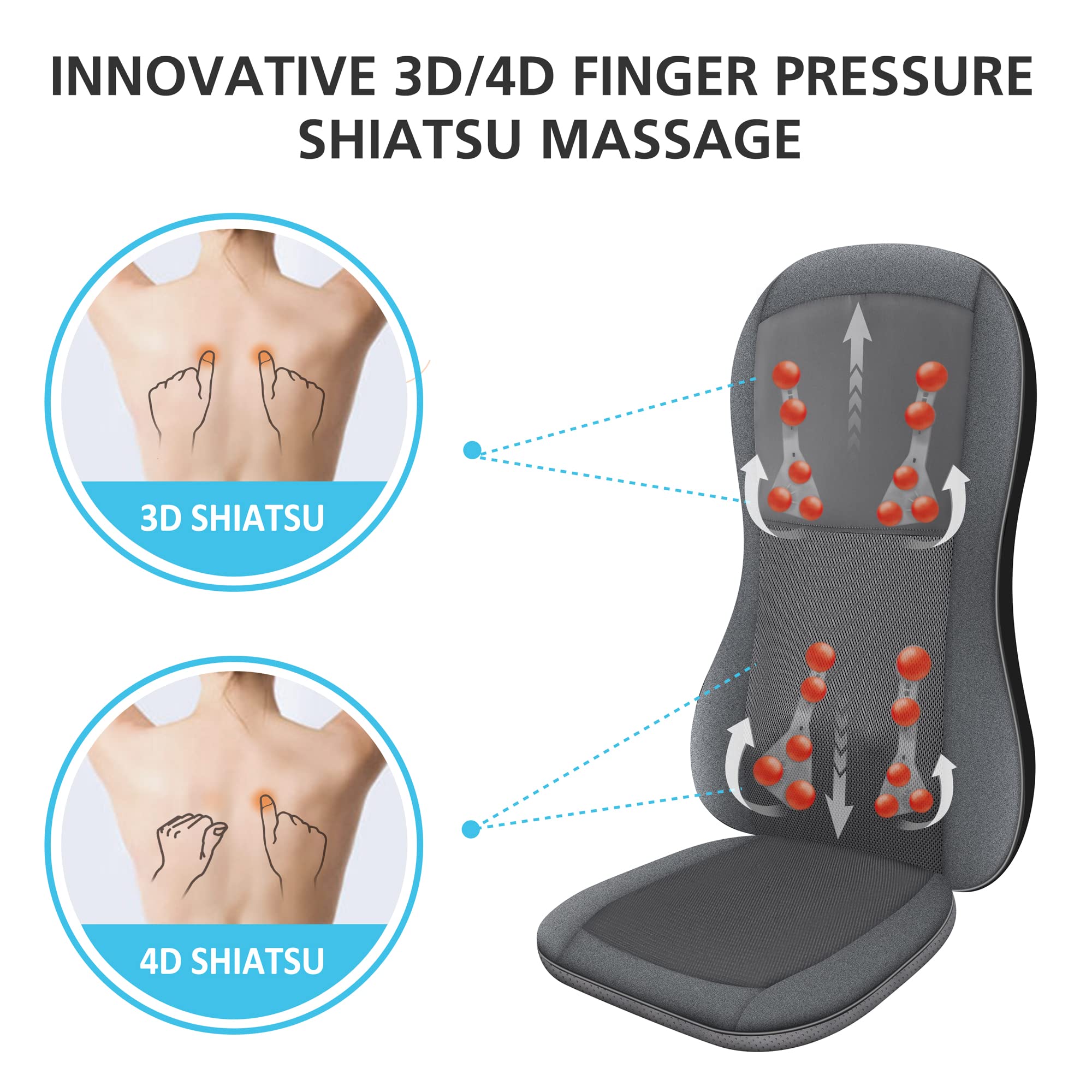 COMFIER Full Back Massager with Heat -2D/3D Shiatsu Massage Seat Cushion with 10 Massage Nodes, Massage Chair Pad, Rolling Kneading Massage Pads for Back U1