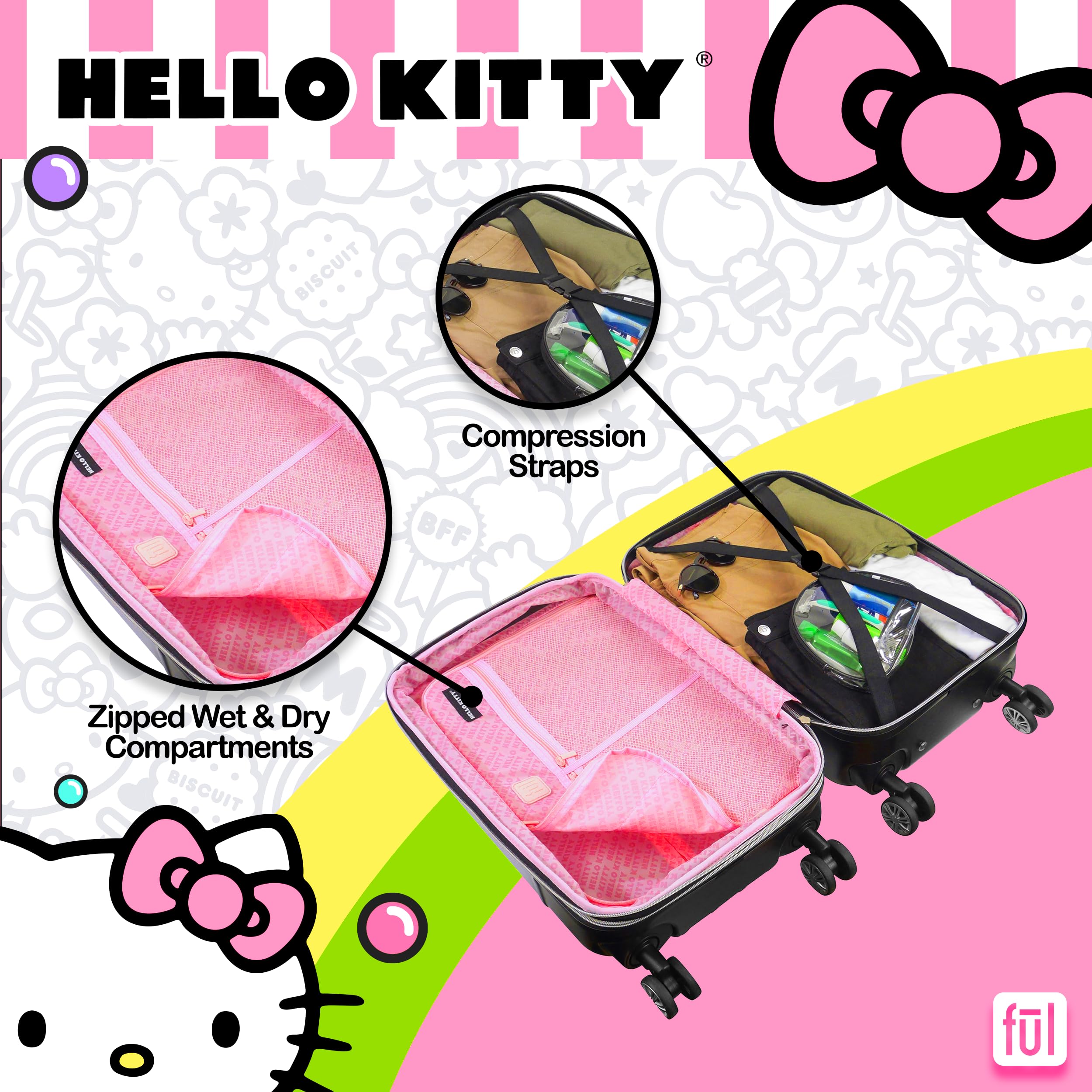 FUL Hello Kitty 21 Inch Carry On Luggage, Molded Hardshell Rolling Suitcase with Spinner Wheels, Black U1