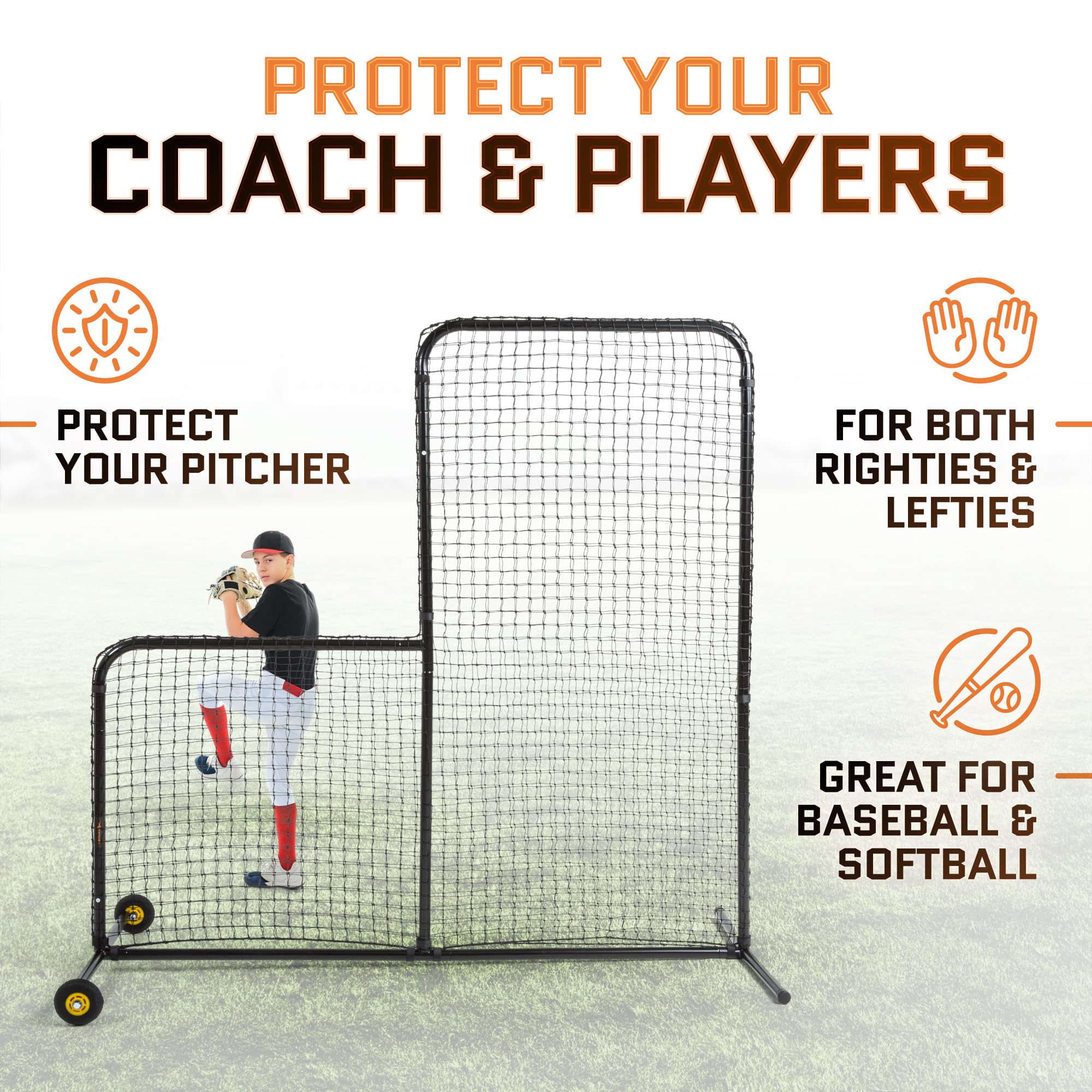 L Screen Baseball for Batting Cage | Baseball Pitching Net with Wheels-7 feet by 7 feet, 3.5 Inch by 3.5 Inch Cutout, Body Protector for Back Drive Lines Beisbol U1