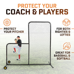 L Screen Baseball for Batting Cage | Baseball Pitching Net with Wheels-7 feet by 7 feet, 3.5 Inch by 3.5 Inch Cutout, Body Protector for Back Drive Lines Beisbol U1