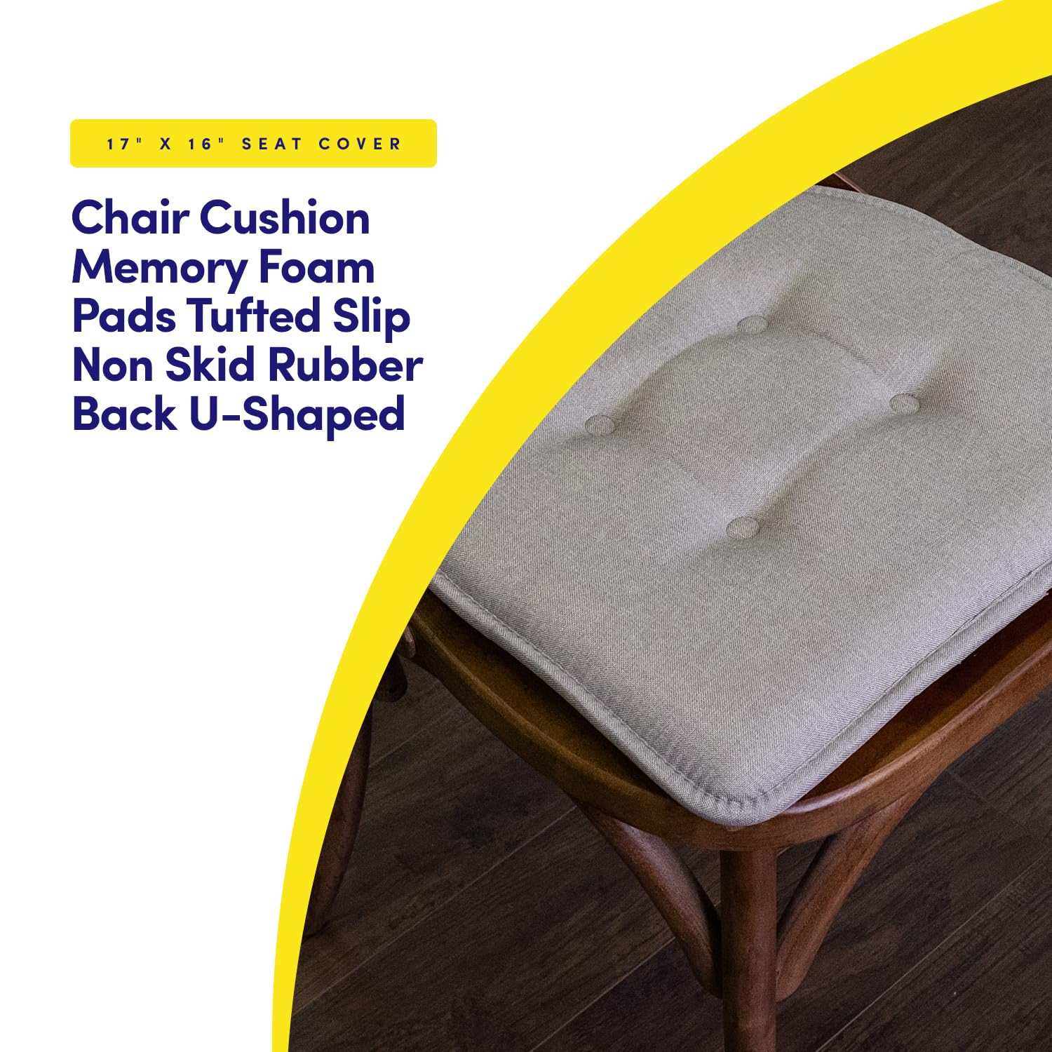 Sweet Home Collection Chair Cushion Memory Foam Pads Tufted Slip Non Skid Rubber Back U-Shaped 17" x 16" Seat Cover, 6 Count (Pack of 1), Khaki Gray Khaki Gray 6 Pack U1