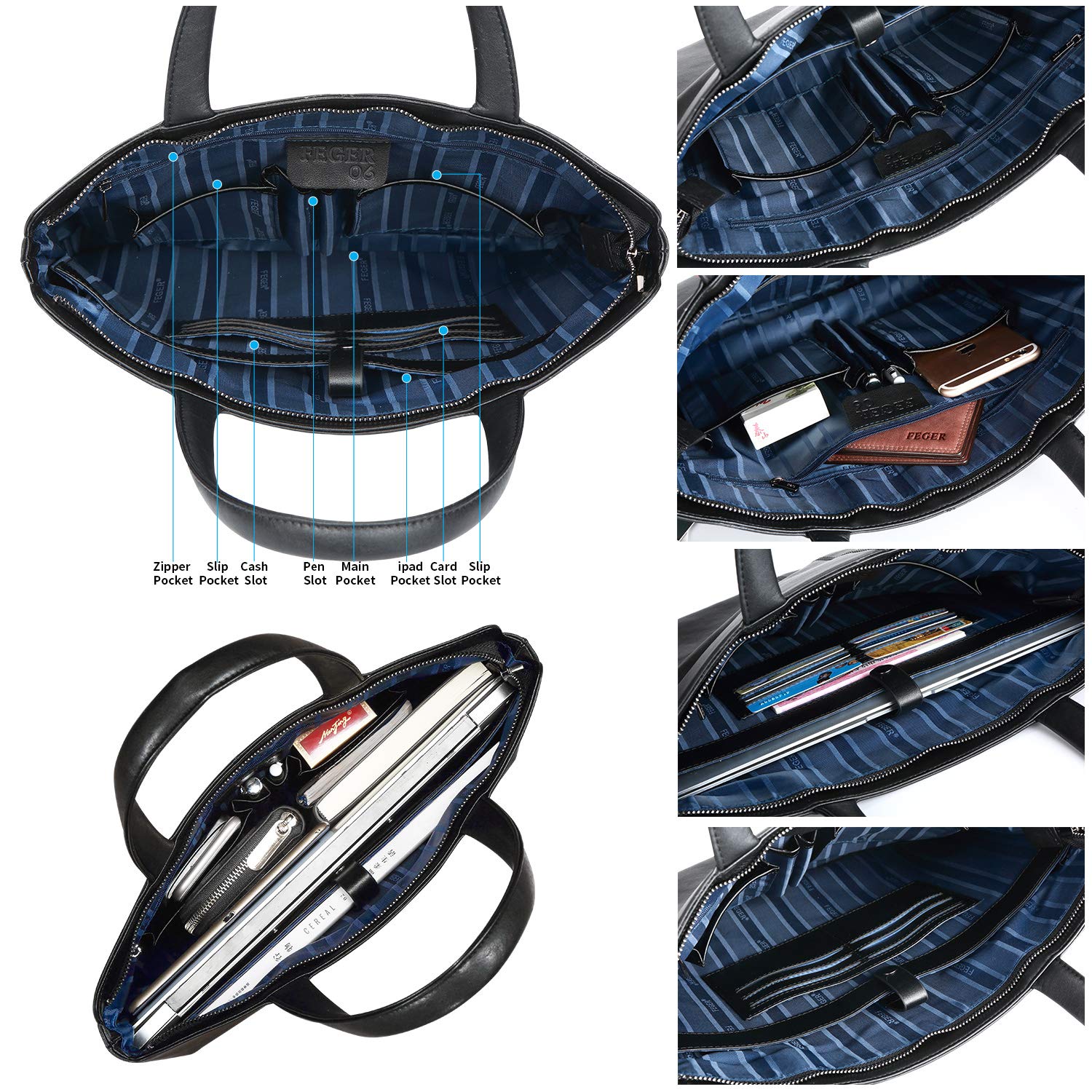 FEGER Genuine Leather Laptop Briefcases Slim Computer Bag Zipper Closure Business Handbags Tote 14 Inch Tablet Briefcase Case for Women and Man Fit A4 Files Black Black Medium U1