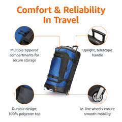 Amazon Basics Rolling Duffel Bag with Wheels, Ripstop Luggage for Traveling, Telescoping Handle, 35", Blue Blue 35" U1