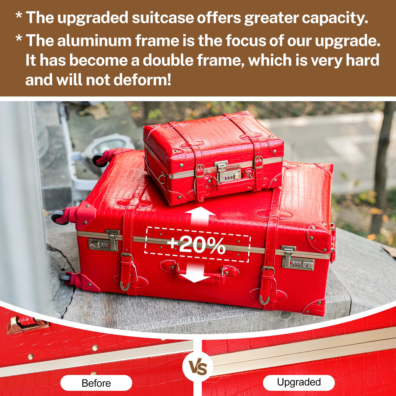 urecity Vintage Luggage Set of 2, Retro Suitcase Trunk with Wheels for Men and Women, Cute Designer Travel Luggage Set with Boarding Tote, Luggage Zipperless TSA Approved Red 20"+12" U1