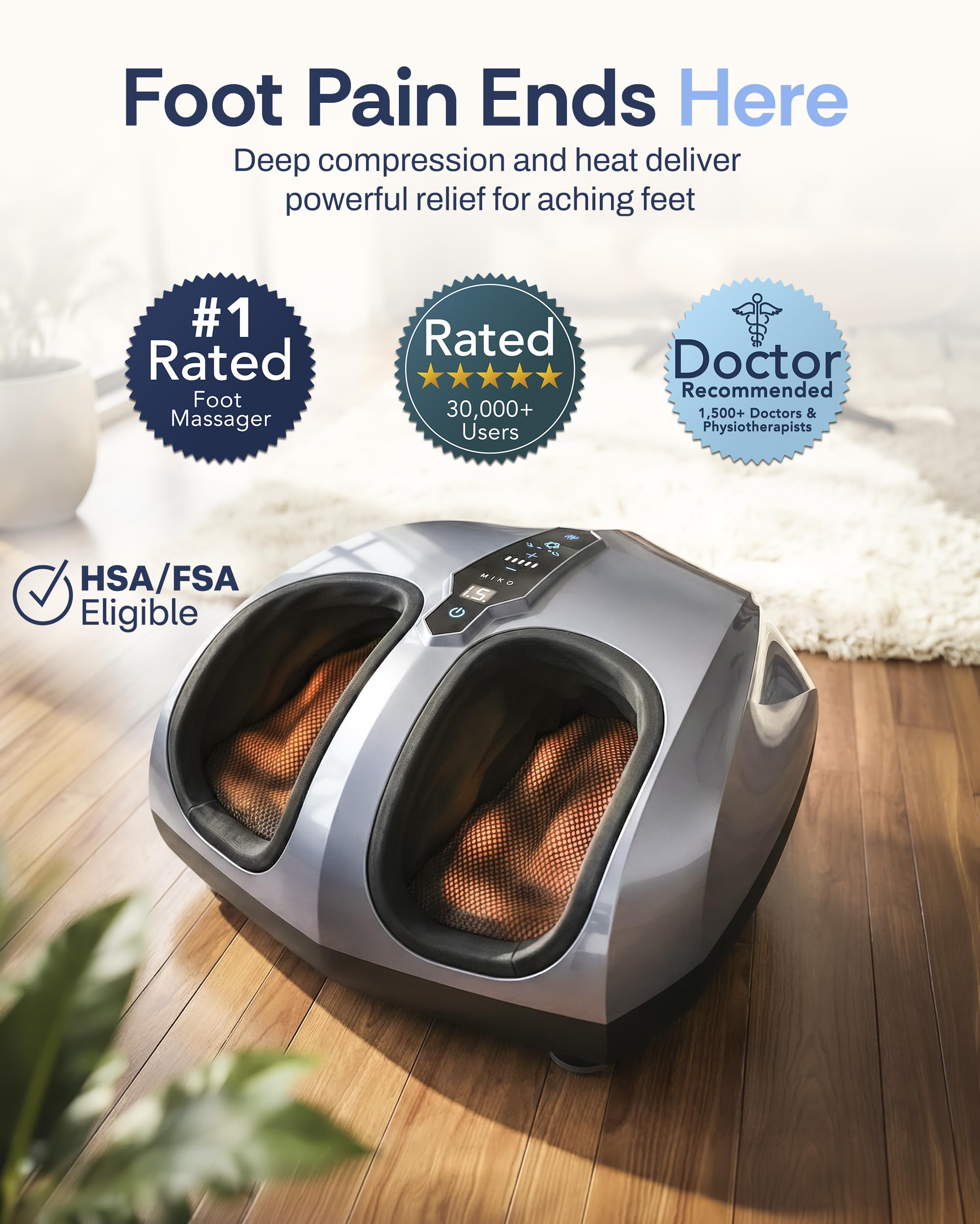 MIKO Foot Massager Machine with Deep-Kneading, Compression, Shiatsu, and Heat for Plantar Fasciitis, Neuropathy - Fits up to Men Size 12 Grey With Button Grey U1