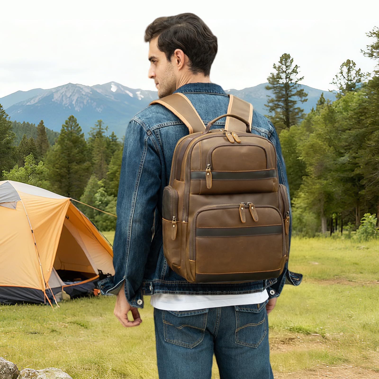 TIDING Men's Vintage Leather Backpack 15.6" Laptop Bag Large Capacity Business Travel Hiking Shoulder Daypacks Brown(fits 15.6" Laptop) X-Large U1