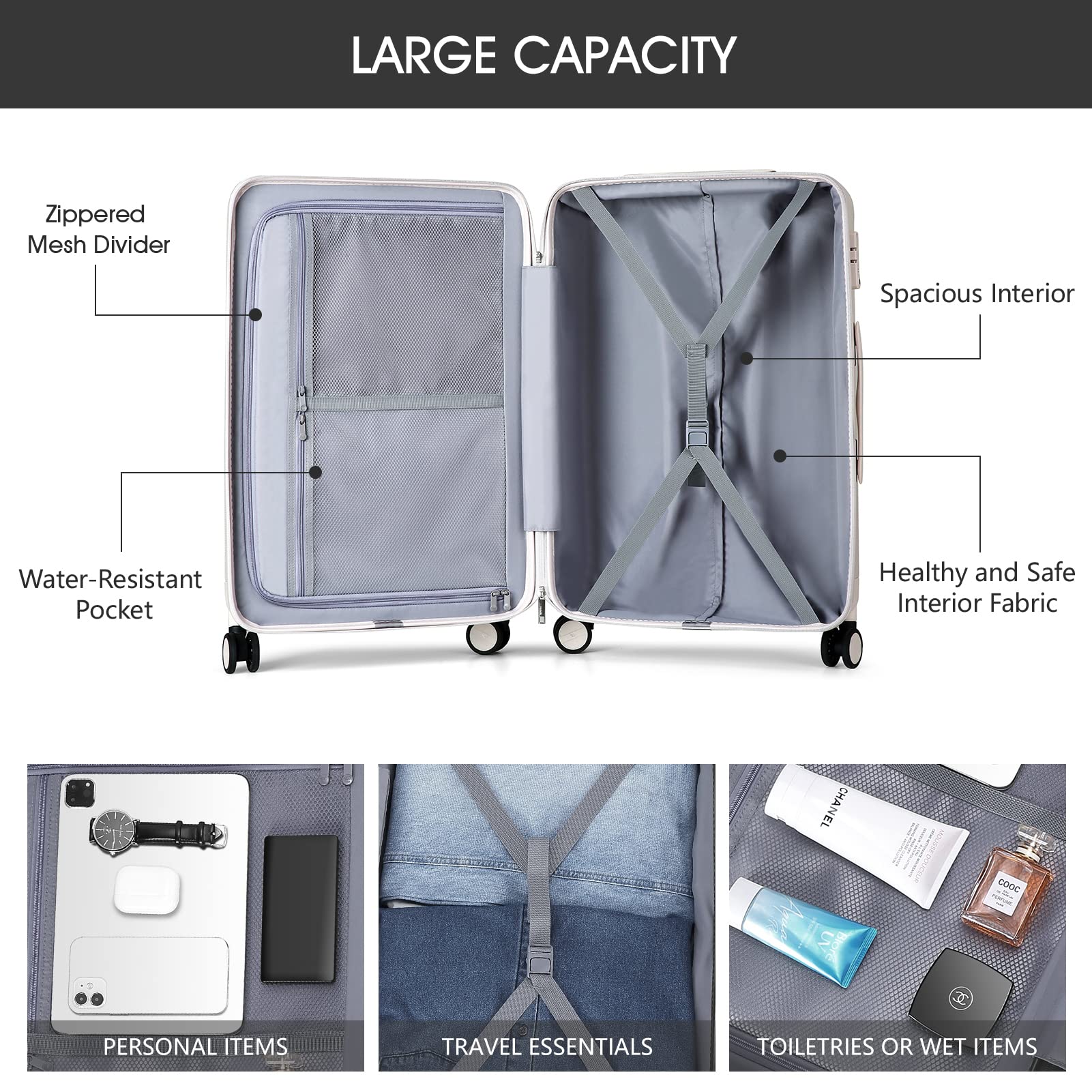 Hanke Lightweight Hardside Checked-Medium Luggage with 8 Spinner Silent Wheels, Travel Luggage, Rolling Suitcase TSA Approved, White, 24-Inch   U1
