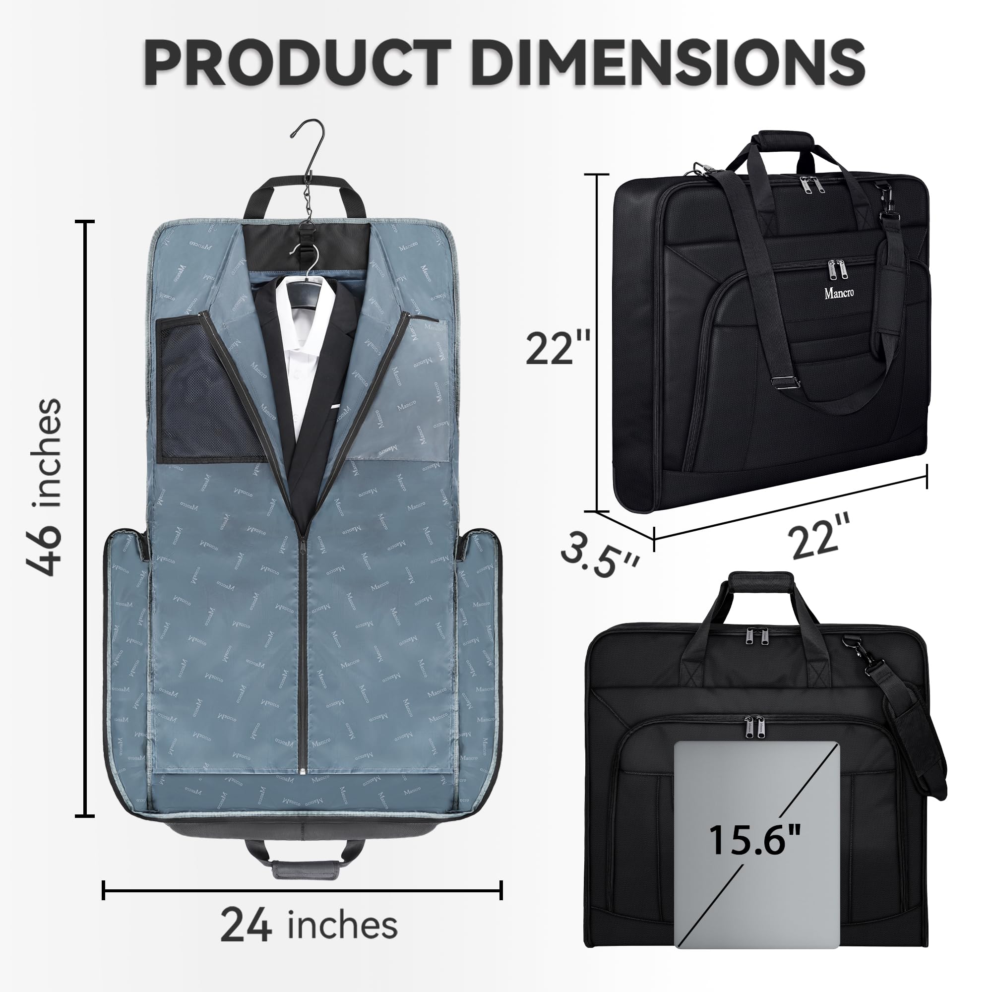 Mancro Garment Bags for Travel, Large Travel Suit Bag for Men Women with Shoulder Strap, Wrinkle Free Carry On Garment Bags for Hanging Clothes, Business Foldable Hanging Luggage Bag for Travel, Black U1