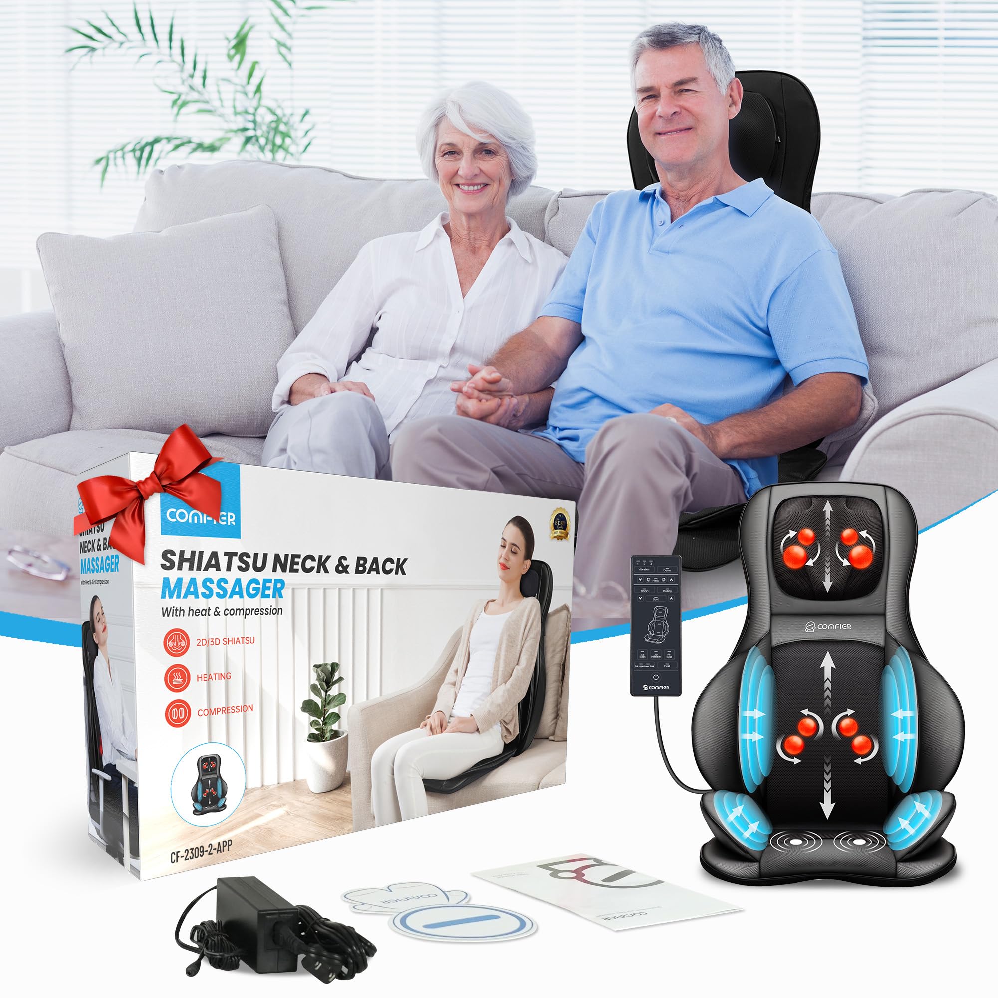 COMFIER Shiatsu Neck Back Massager with Heat,2D/3D Massage Chair Pad with App Control,Deep Tissue Kneading Massage Chair Pad with Compression,Chair Massager for Full Body,Gifts for Mom,Dad, Black Jet Black-app  U1