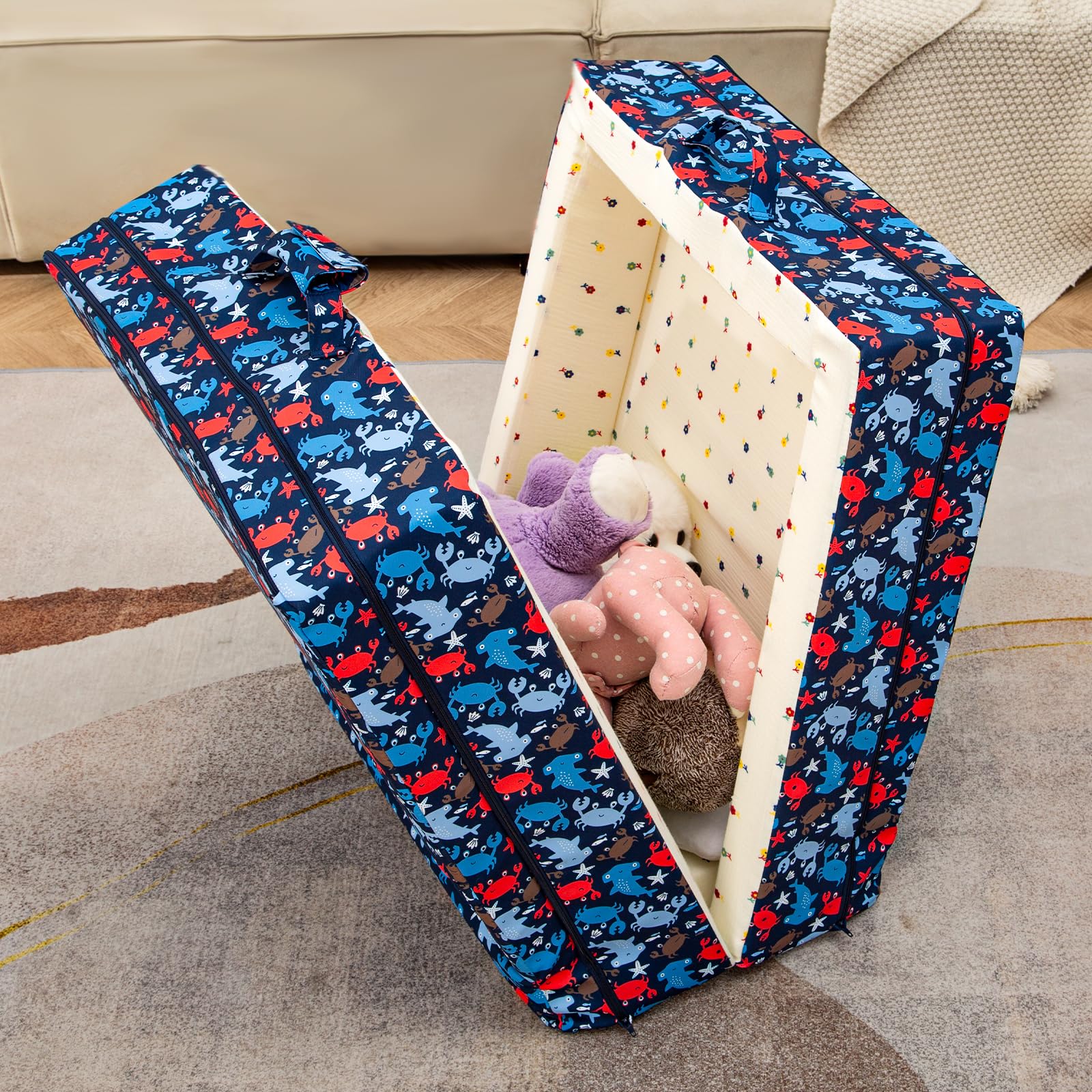 Umoving 100% Cotton Lining Portable Foldable Toddler Travel Bed - Soft Foam Floor Bed with Washable Cover, Safe and Comfortable Toddler Crib, Ocean Blue Ocean Blue  U1