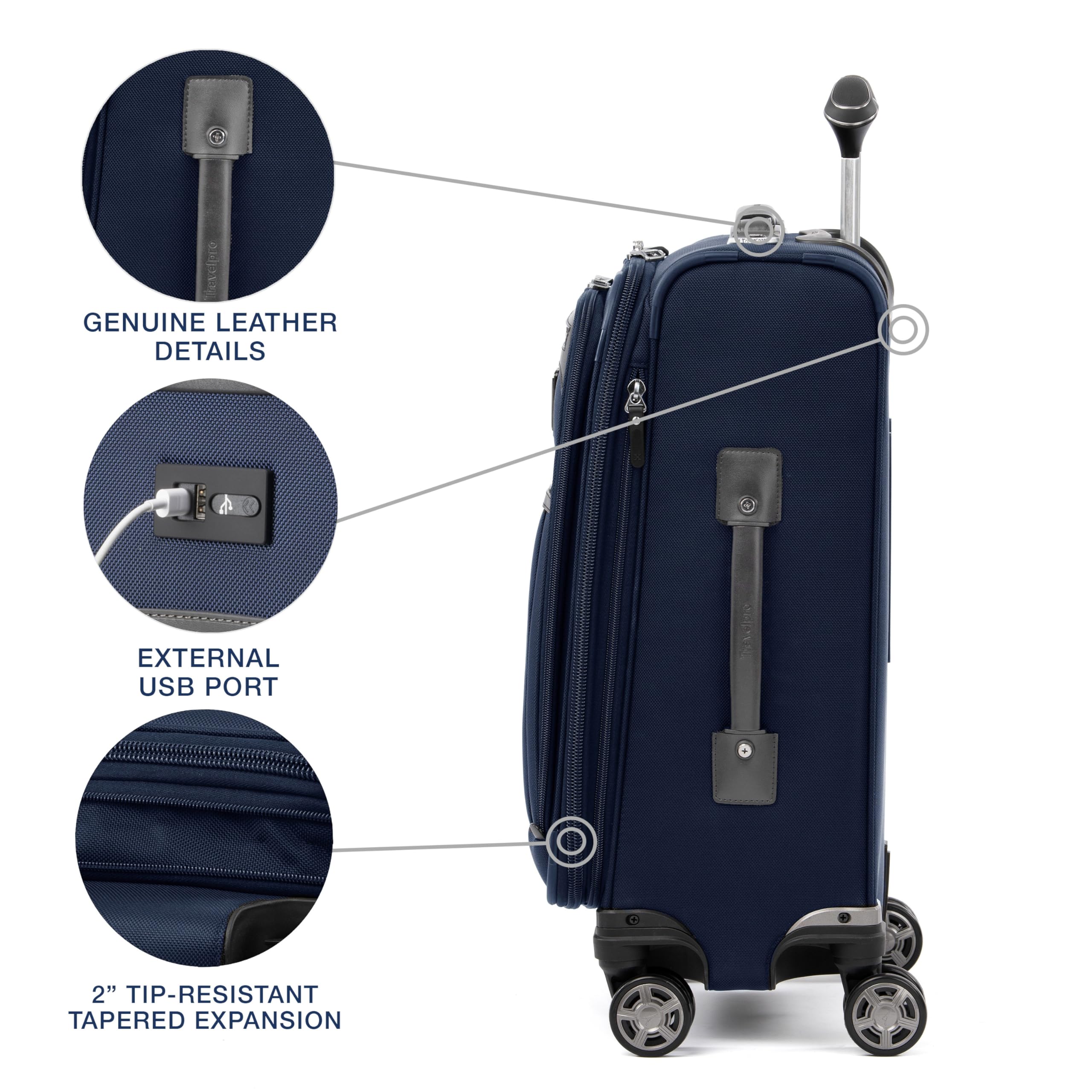 Travelpro Platinum Elite Softside Expandable Carry on Luggage, 8 Wheel Spinner Suitcase, USB Port, Suiter, Men and Women, Dark Blue, Carry On 21-Inch Dark Blue Carry-On 21-Inch U5