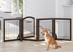 SPIRICH 96-inch Extra Wide 30-inches Tall Dog Gate with Door Walk Through, Freestanding Wire Pet Gate for The House, Doorway, Stairs, Pet Puppy Safety Fence, Support Feet Included(Espresso) U1