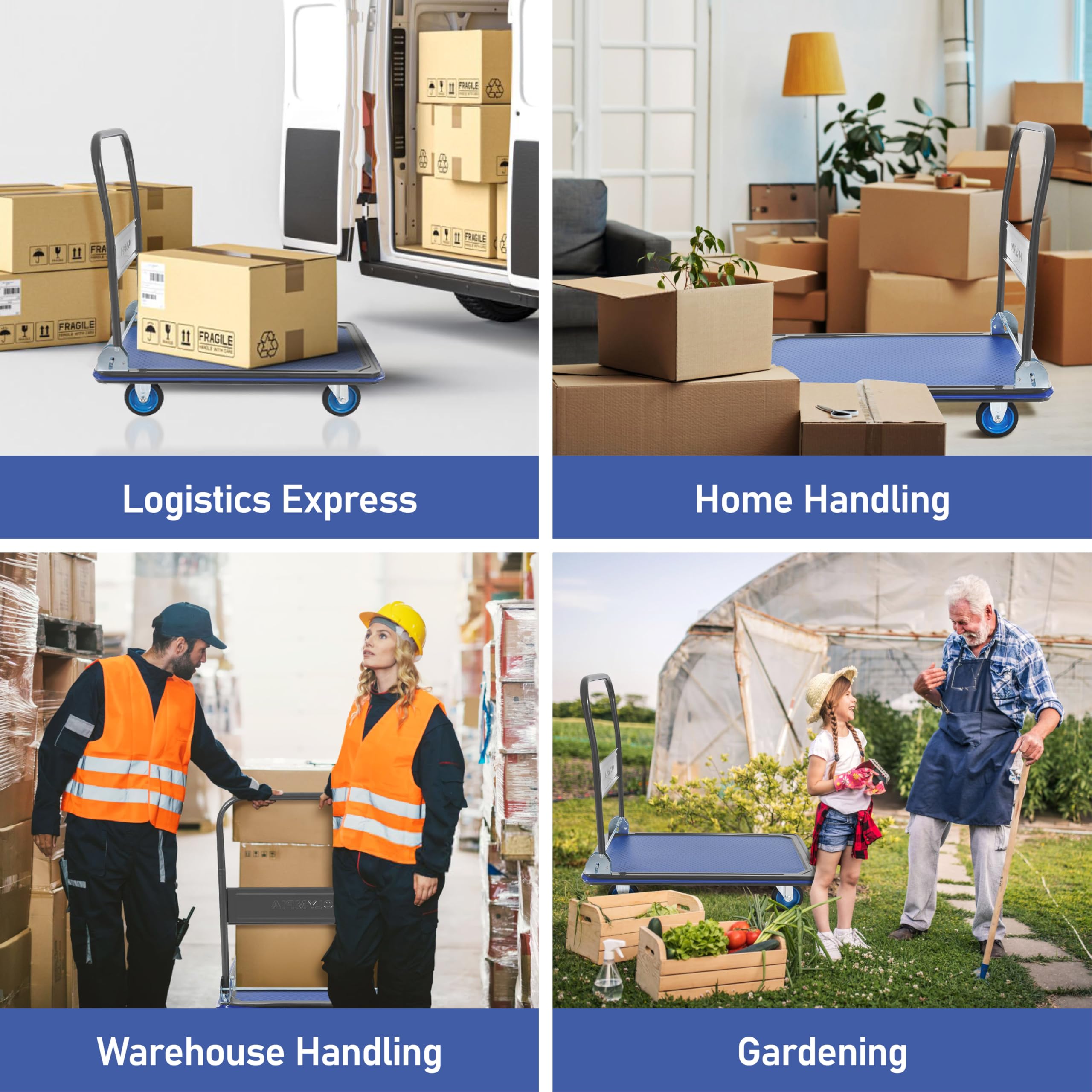 Olympia Tools Foldable Push Cart Dolly - 600 Lb. Capacity Heavy Duty Platform Truck with 360° Swivel Wheels - Blue Olive Green/Blue 600LB Capacity U1