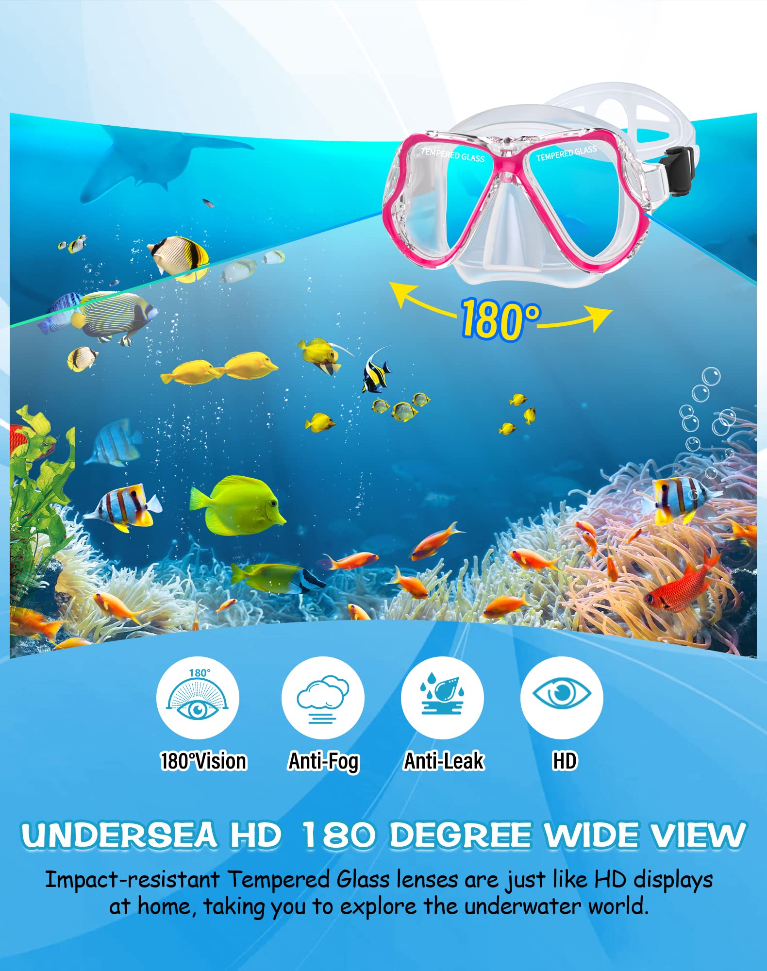 Greatever Dry Snorkel Set,Panoramic Wide View,Anti-Fog Scuba Diving Mask,Professional Snorkeling Gear for Adults U1