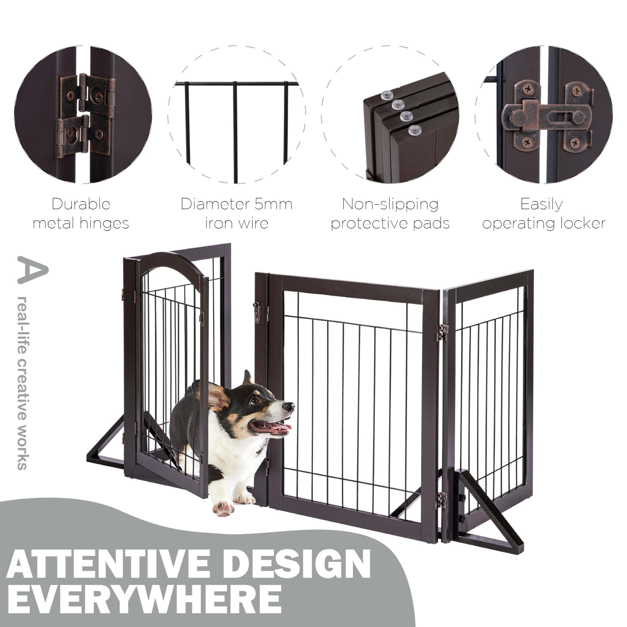 SPIRICH 96-inch Extra Wide 30-inches Tall Dog Gate with Door Walk Through, Freestanding Wire Pet Gate for The House, Doorway, Stairs, Pet Puppy Safety Fence, Support Feet Included(Espresso) U1