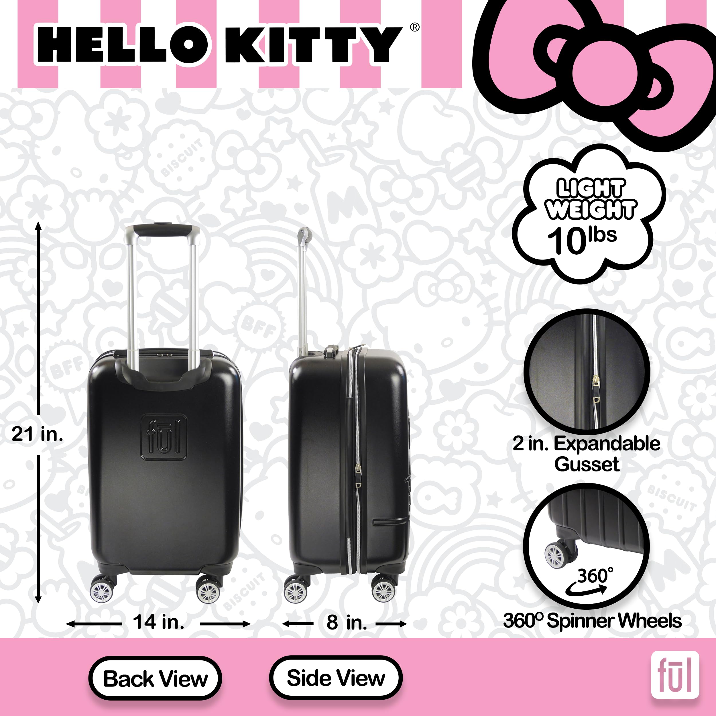 FUL Hello Kitty 21 Inch Carry On Luggage, Molded Hardshell Rolling Suitcase with Spinner Wheels, Black U1