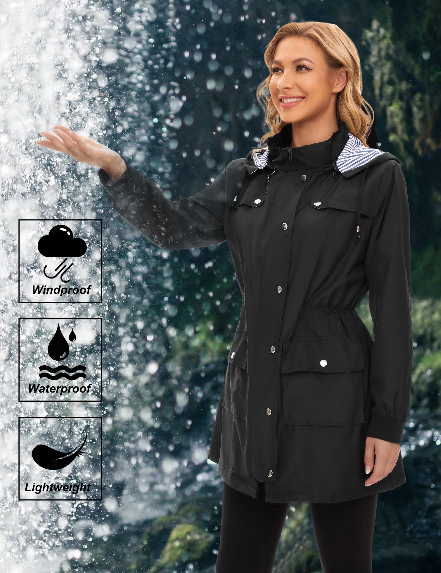 Bloggerlove Womens Rain Jackets Hooded Lightweight Rain coat Outdoor Waterproof Windbreaker Black XL Black Extr Large U1