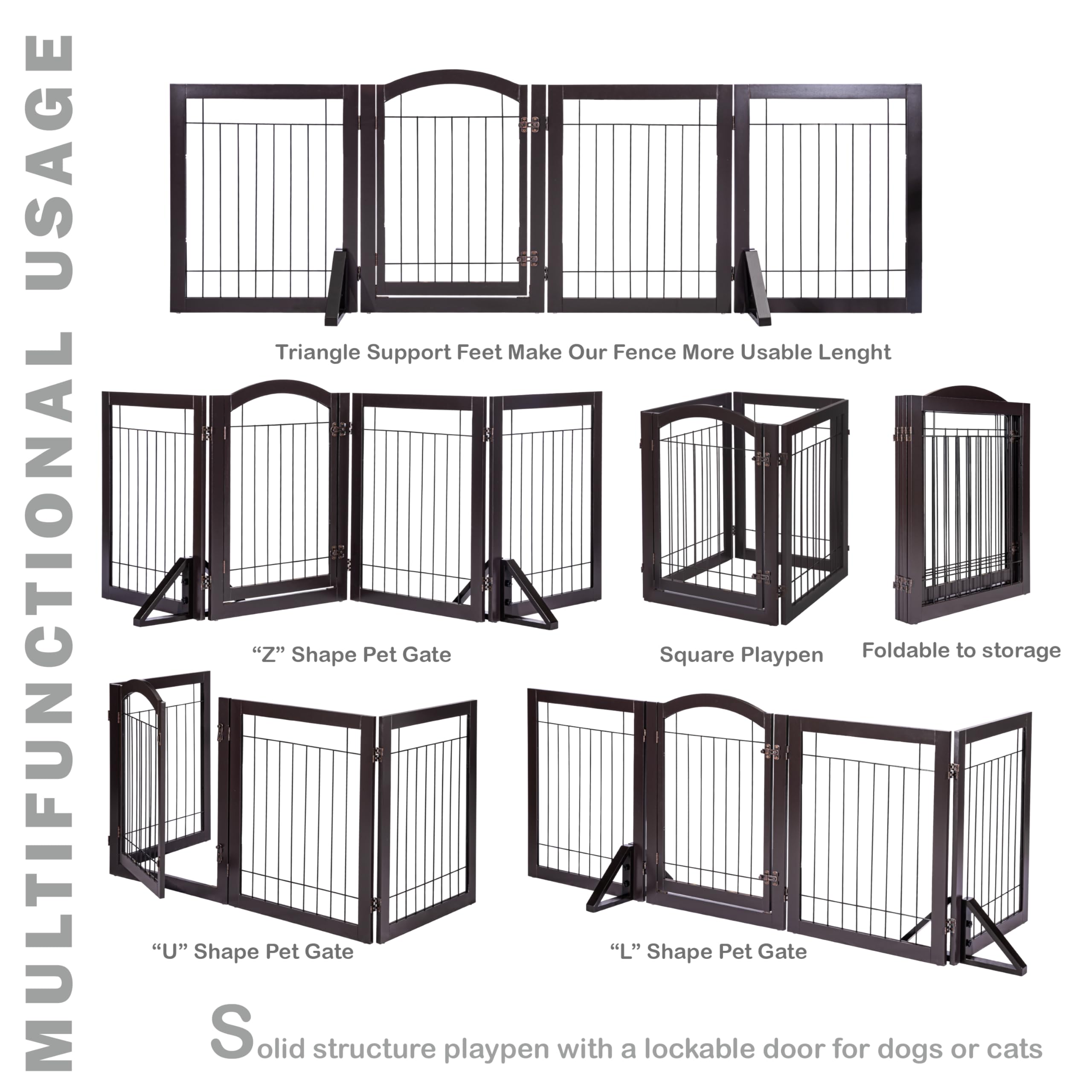 SPIRICH 96-inch Extra Wide 30-inches Tall Dog Gate with Door Walk Through, Freestanding Wire Pet Gate for The House, Doorway, Stairs, Pet Puppy Safety Fence, Support Feet Included(Espresso) U1