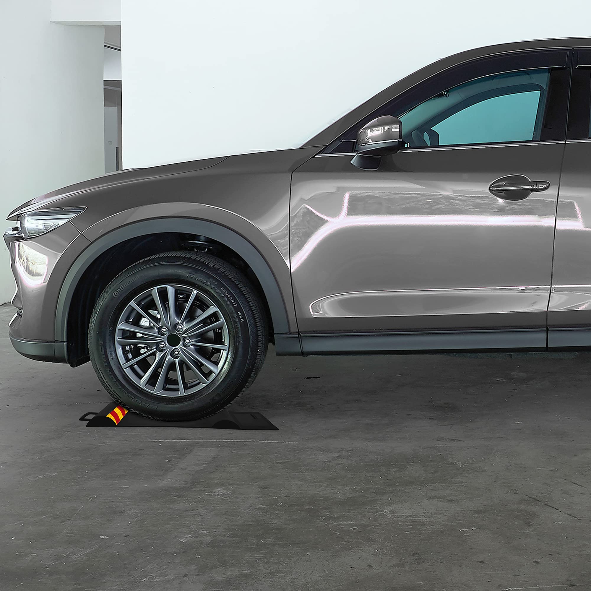 RaxGo Car Parking Mat, Garage Wheel Stopper Parking Aid, Tire Guides for Cars, Trucks & Vehicles | Anti-Skid Grips, Easy Install Adhesive, Carry Handles & Reflective Strips, Black | Pack of 2 Mats U1