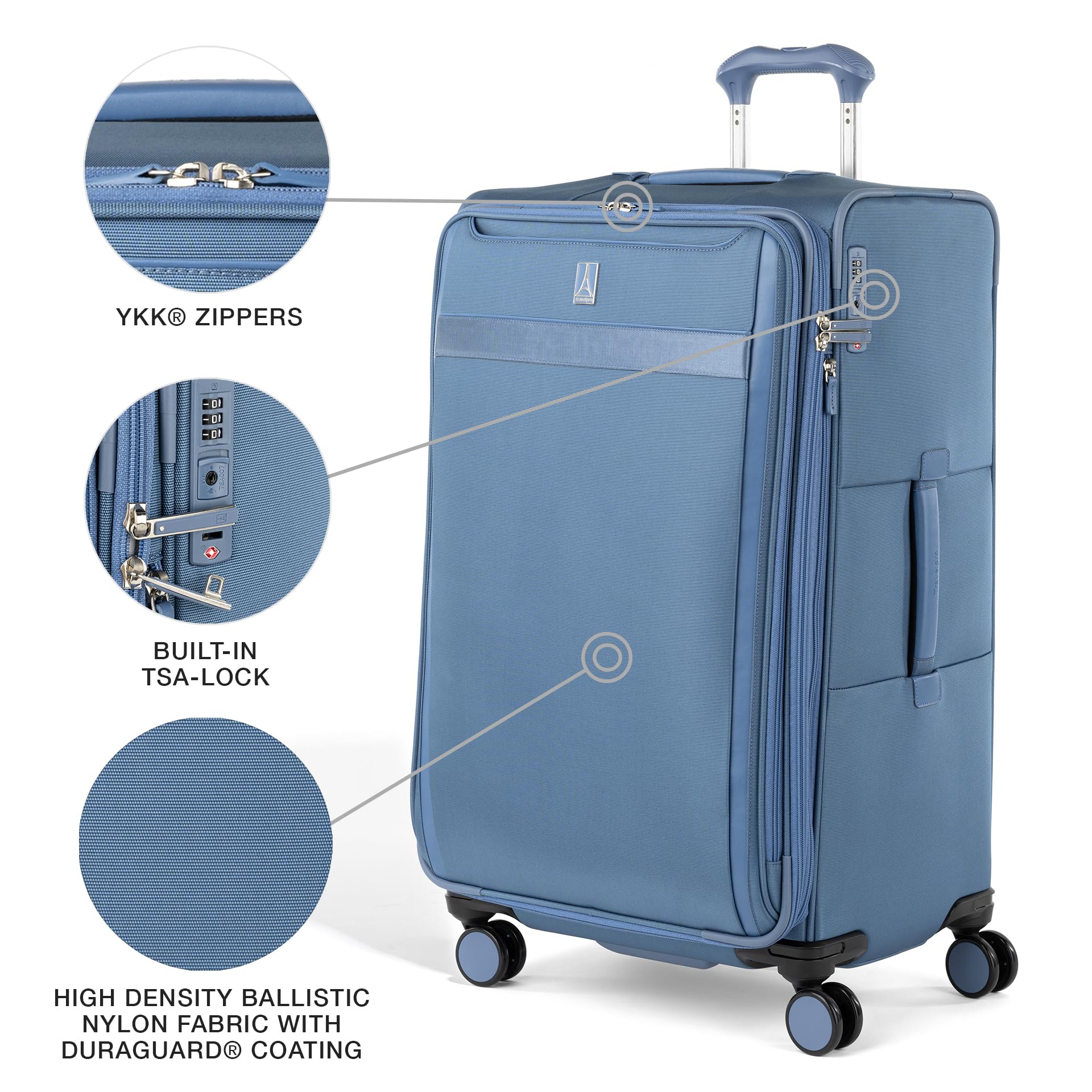 Travelpro VersaPack+ Lightweight Softside Expandable Checked Luggage, 8 Spinner Suitcase, TSA Lock, Men and Women, Checked Large 29-Inch, Elemental Blue U1