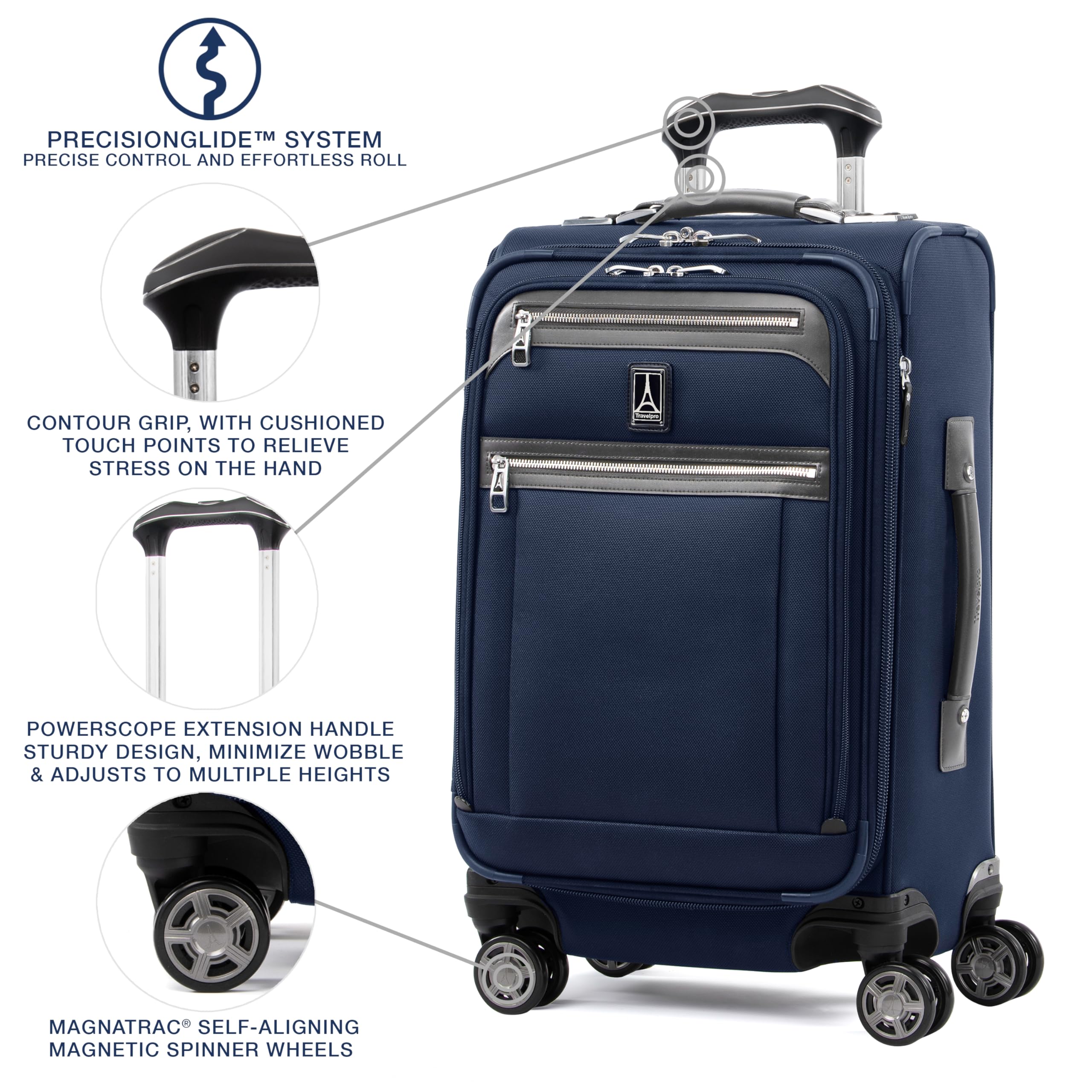 Travelpro Platinum Elite Softside Expandable Carry on Luggage, 8 Wheel Spinner Suitcase, USB Port, Suiter, Men and Women, Dark Blue, Carry On 21-Inch Dark Blue Carry-On 21-Inch U2