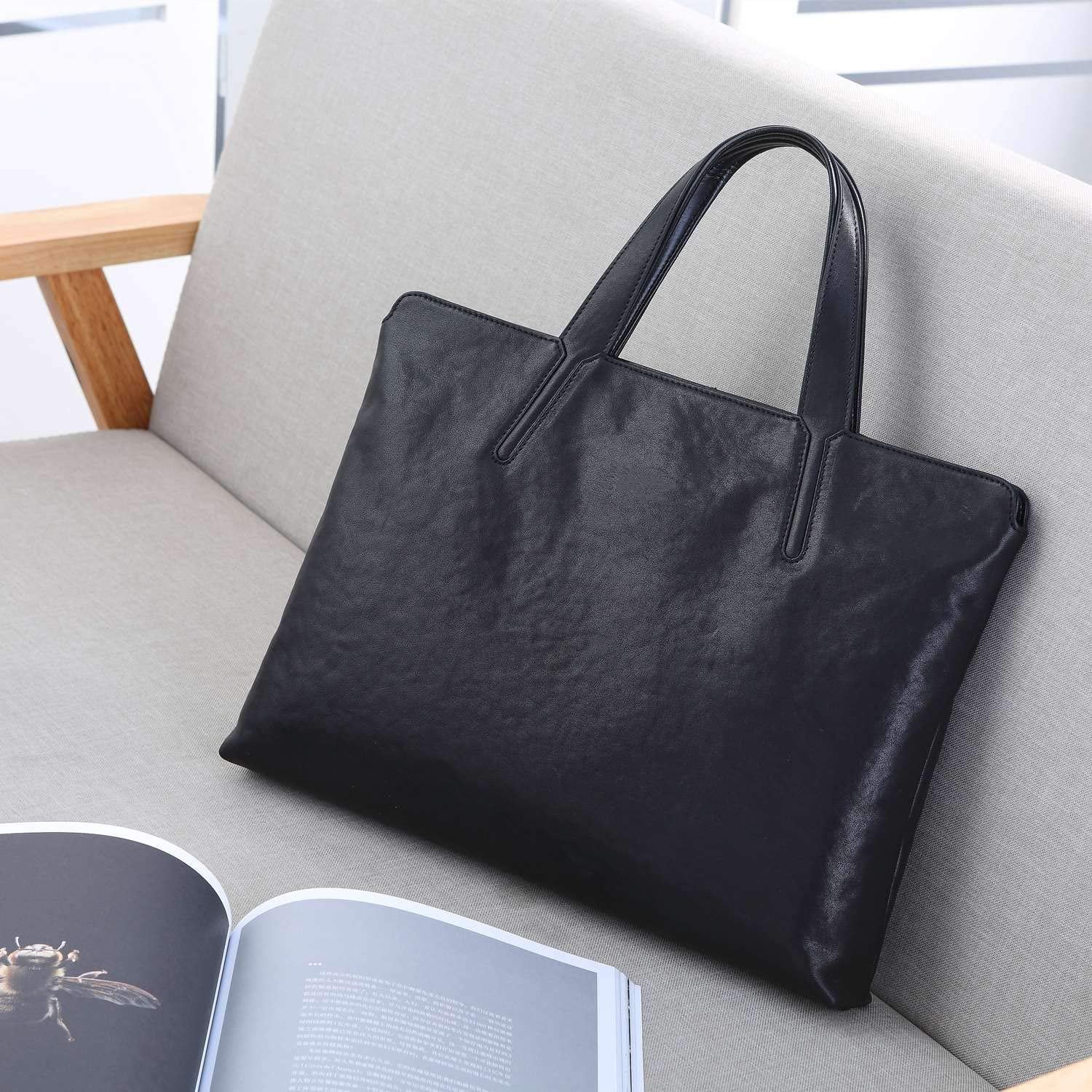 FEGER Genuine Leather Laptop Briefcases Slim Computer Bag Zipper Closure Business Handbags Tote 14 Inch Tablet Briefcase Case for Women and Man Fit A4 Files Black Black Medium U1