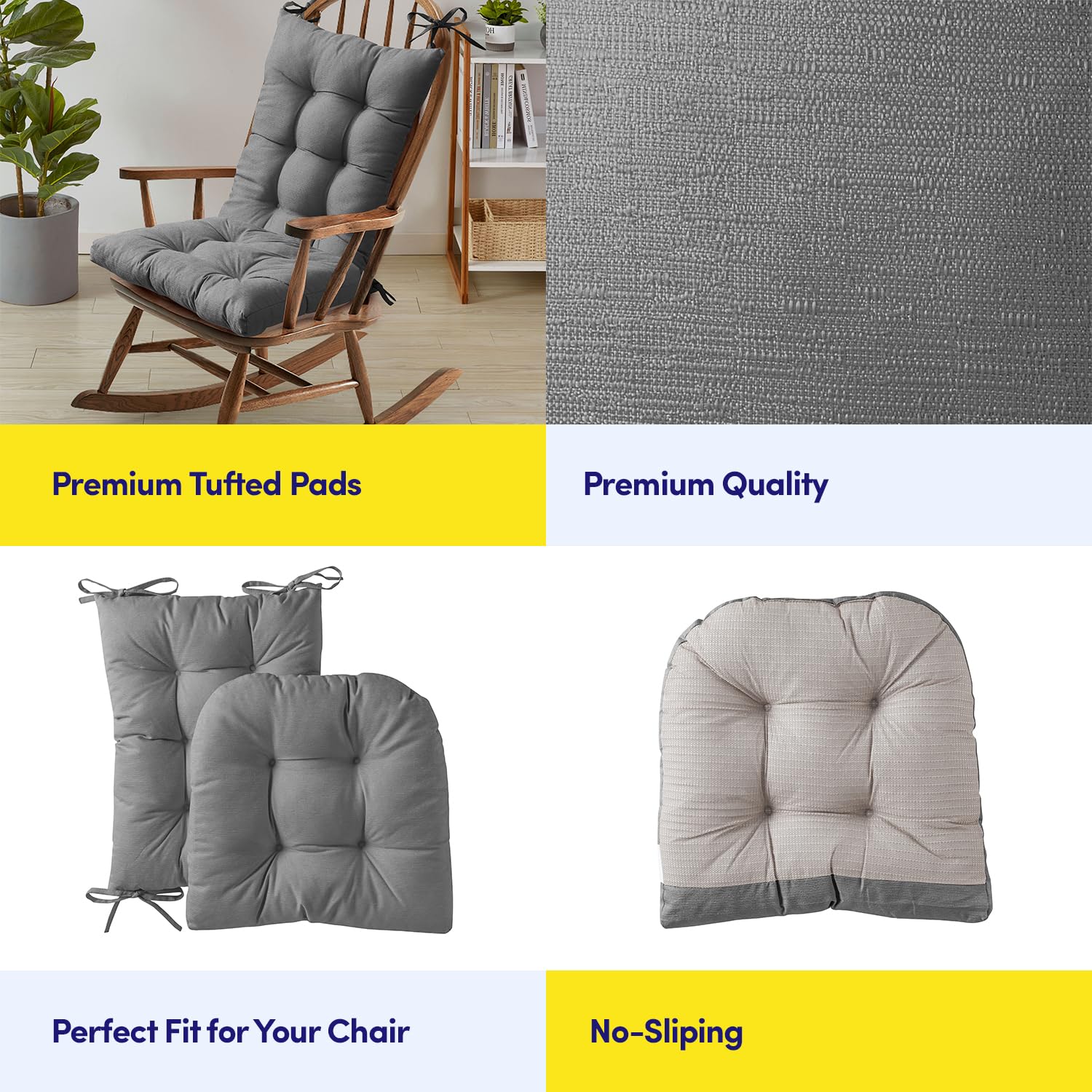 Sweet Home Collection Rocking Chair Cushion Premium Tufted Pads Non Skid Slip Backed Upper and Lower with Ties, 2 Piece Set, Gray Gray 2 Piece Set U2