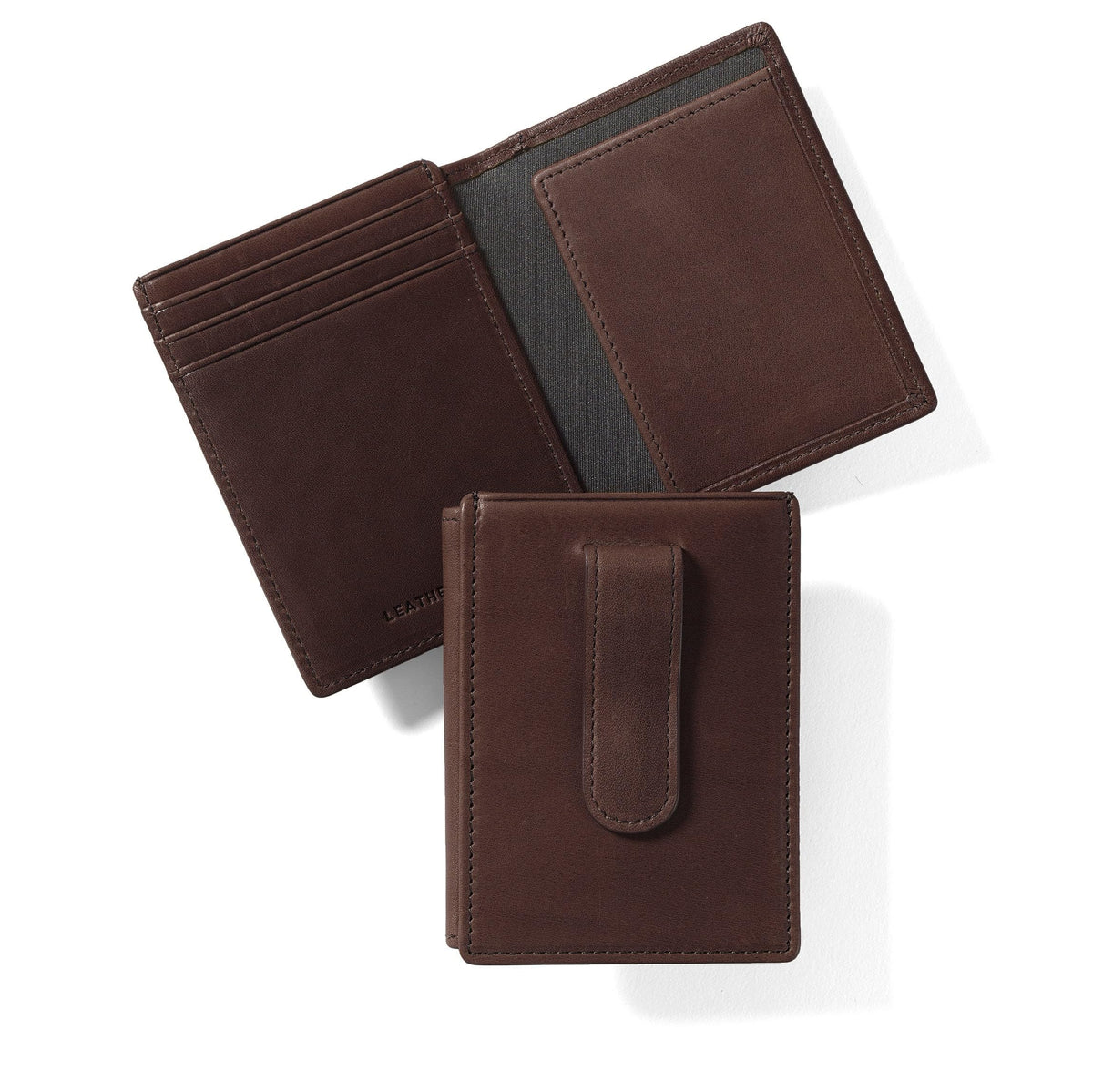 Leatherology Premium Mahogany Men's Money Clip Card Holder Wallet with ID Window - Holds up to 10 bills, features non-magnetic metal money clip and thumb-slide ID window Premium Mahogany One Size U1
