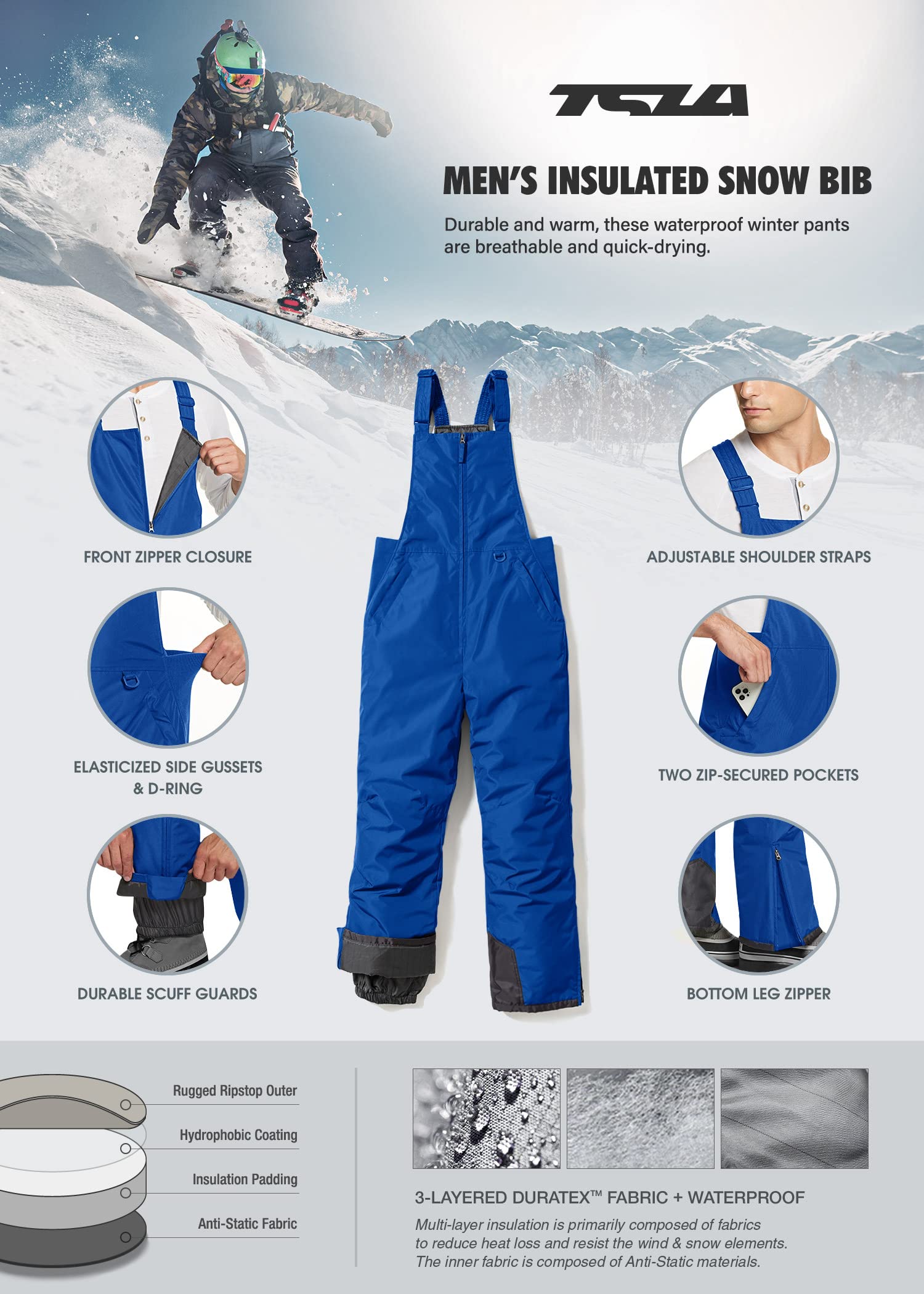 TSLA Men's Winter Snow Bibs, Waterproof Insulated Snowboard Overalls, Ripstop Windproof Ski Pants, Winter Ski Snow Overall Blue, Large U1