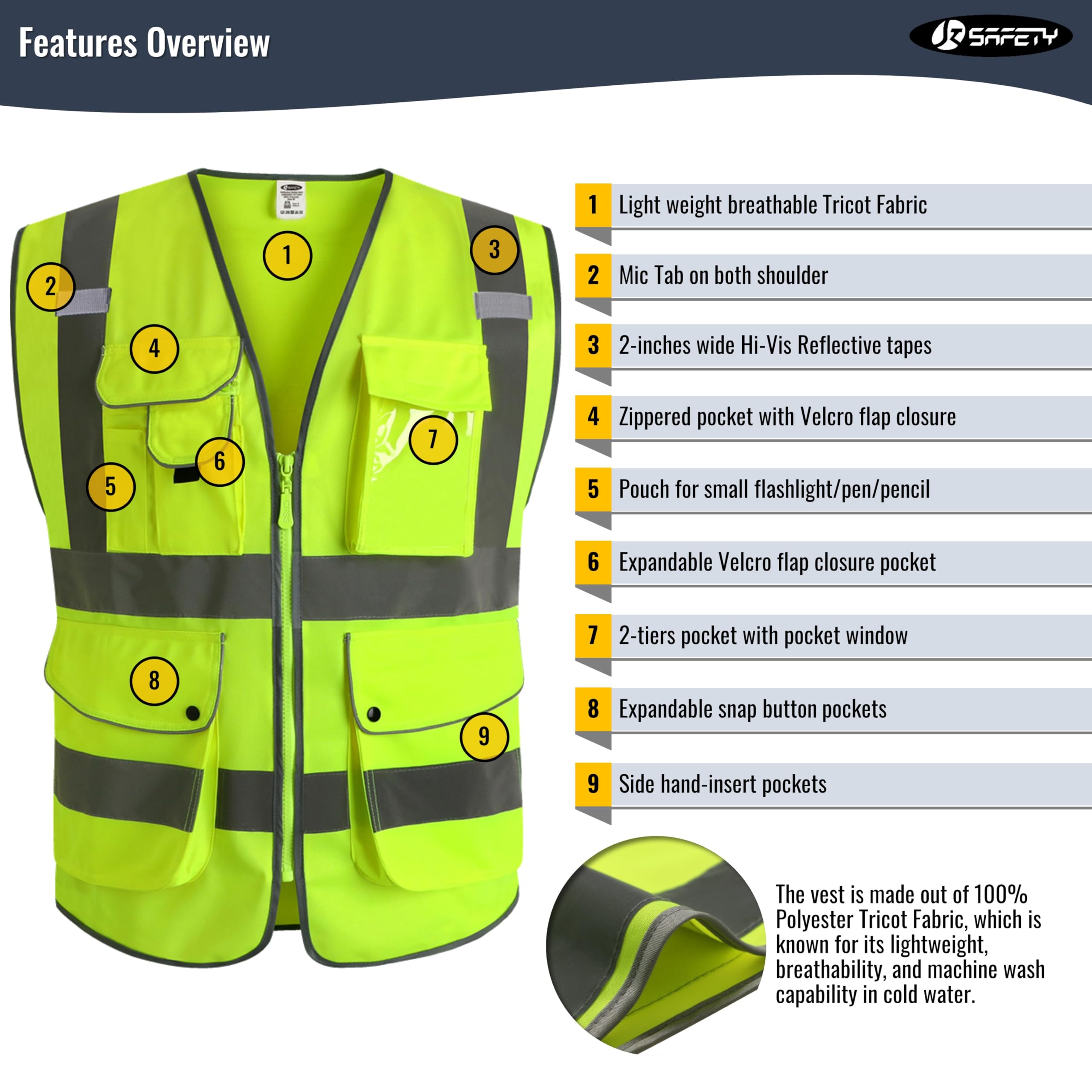 JKSafety 9 Pockets Class 2 High Visibility Zipper Front Safety Vest With Reflective Strips,Meets ANSI/ISEA Standard (Large, 150-Yellow) U1
