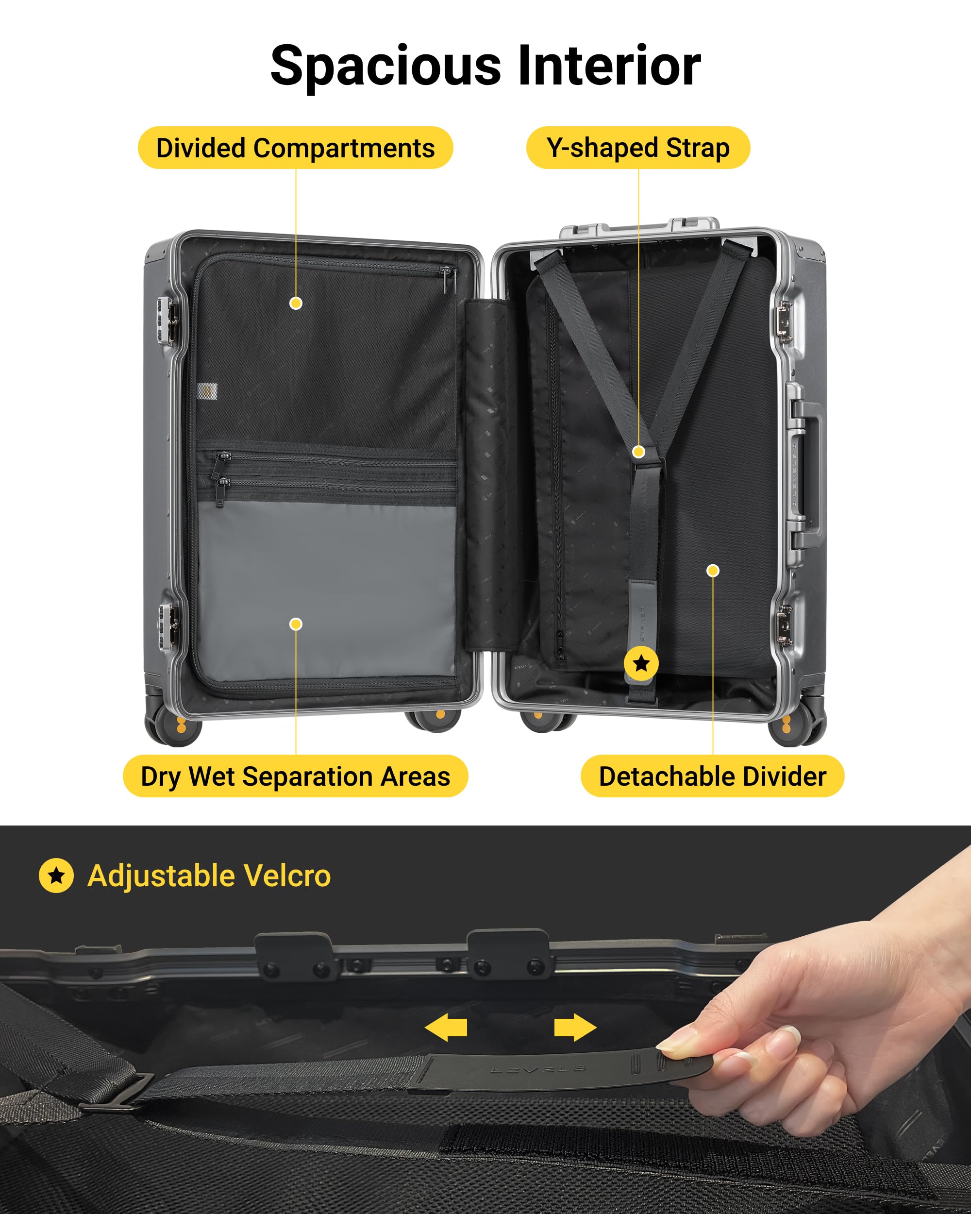 LEVEL8 Zipperless Checked Luggage with Aluminum Frame, Upgraded Medium Hardside Suitcase with Spinner Wheels, Metal Travel Luggage with Double Tsa Locks, 24 Inch, Grey Grey Checked 24 Inch (Upgraded) U1