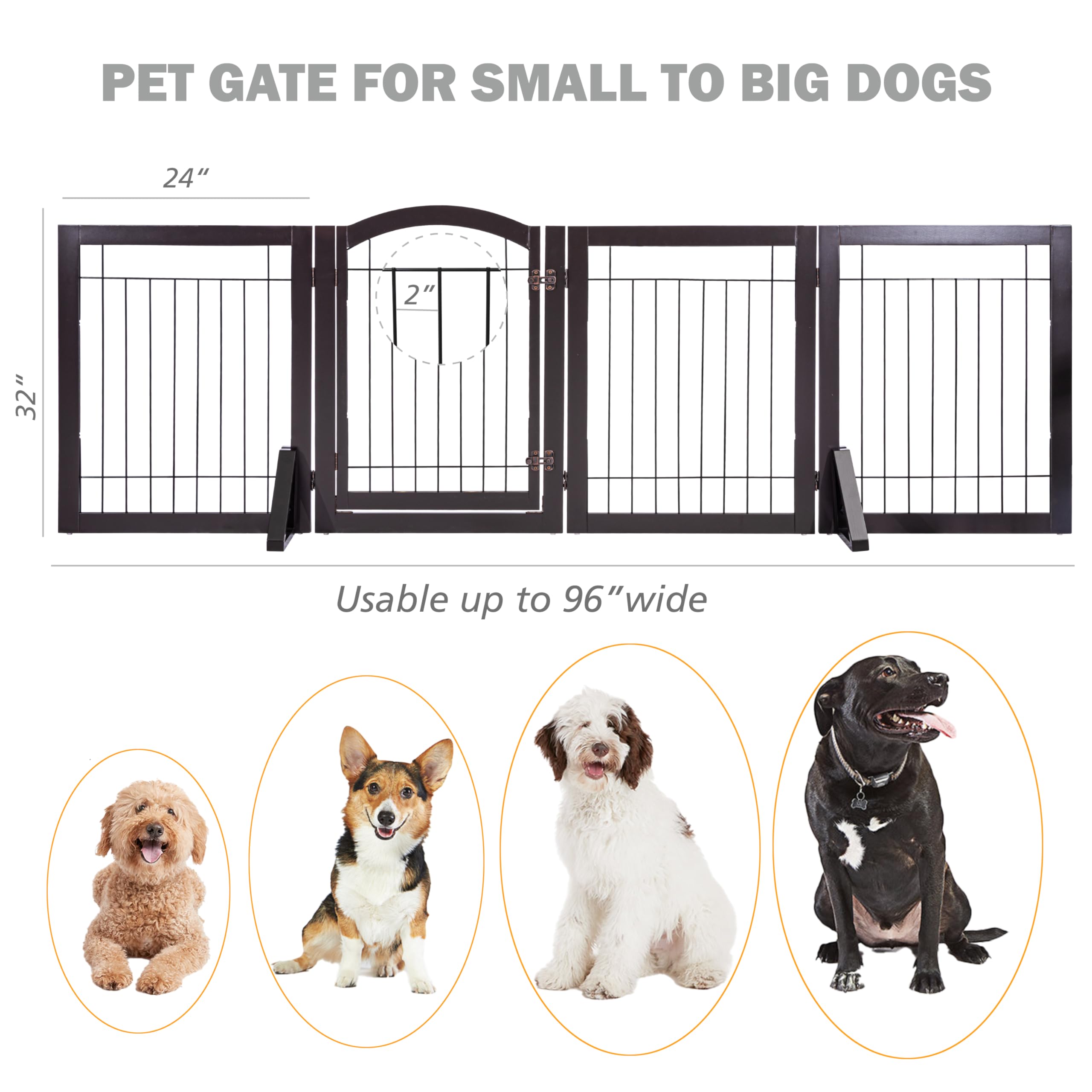 SPIRICH 96-inch Extra Wide 30-inches Tall Dog Gate with Door Walk Through, Freestanding Wire Pet Gate for The House, Doorway, Stairs, Pet Puppy Safety Fence, Support Feet Included(Espresso) U1