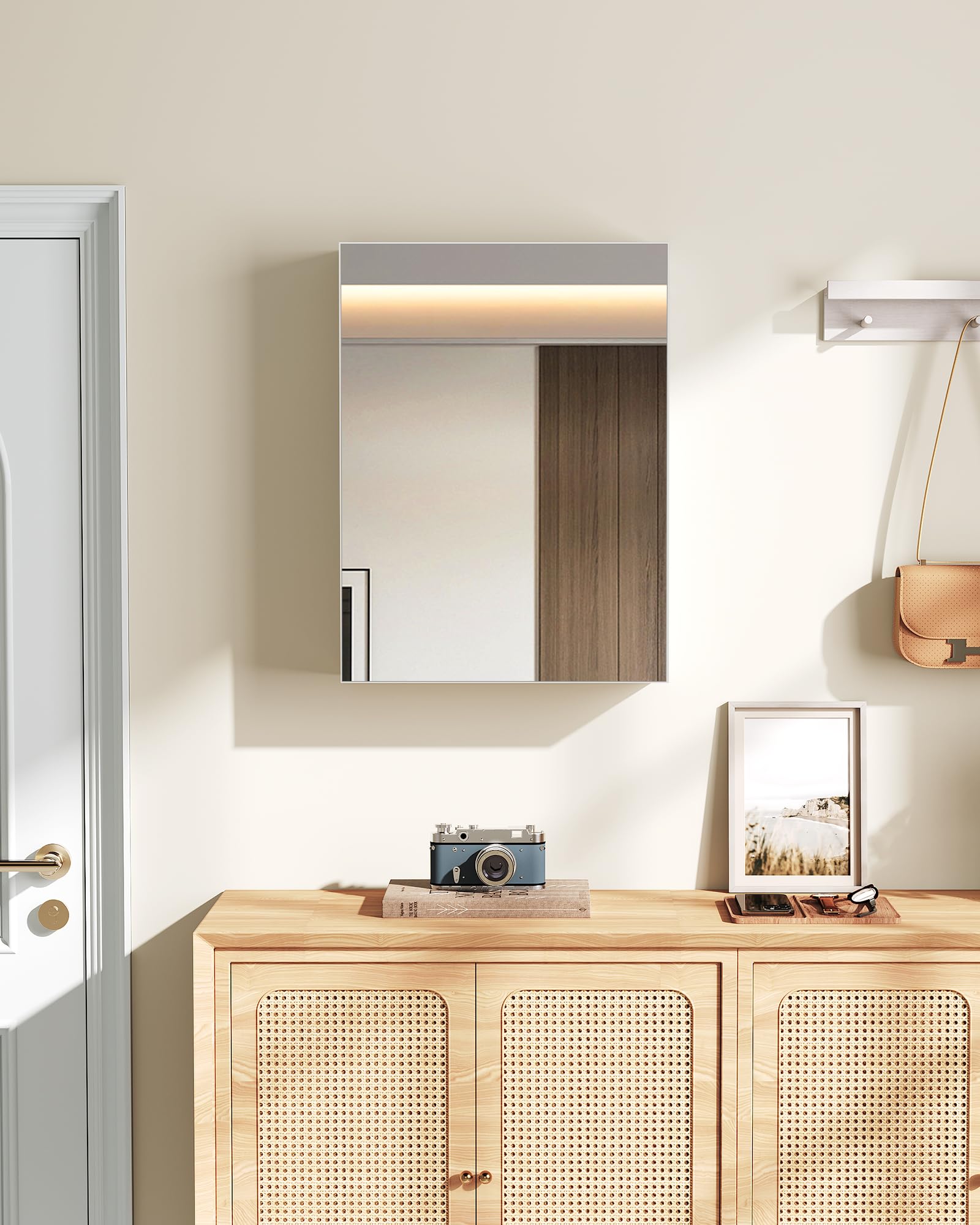 FOMAYKO Wall-Mounted Bathroom Vanity with Mirror, Medicine Cabinet with Storage Function, Hanging Storage Cabinet, Adjustable Shelves, White White 17.7''L x 5.5''W x 23.6''H U4