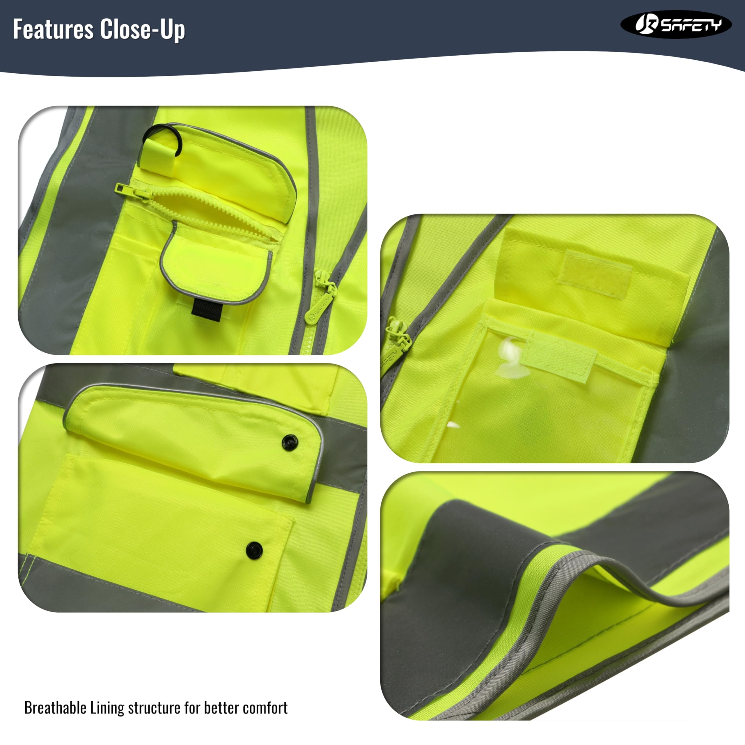 JKSafety 9 Pockets Class 2 High Visibility Zipper Front Safety Vest With Reflective Strips,Meets ANSI/ISEA Standard (Large, 150-Yellow) U1