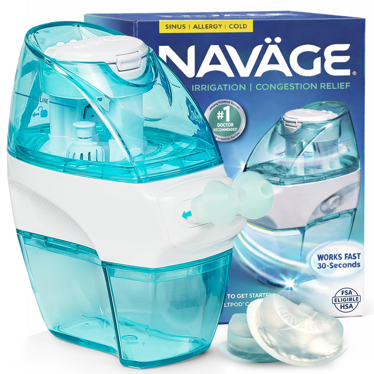 Navage® Starter Bundle – Nasal Irrigation System - Saline Nasal Rinse Kit with 1 Nose Cleaner and 20 SaltPods for Congestion Relief ($109 Value). Sinus Rinse for Clinically Proven Benefits Blue Starter U1