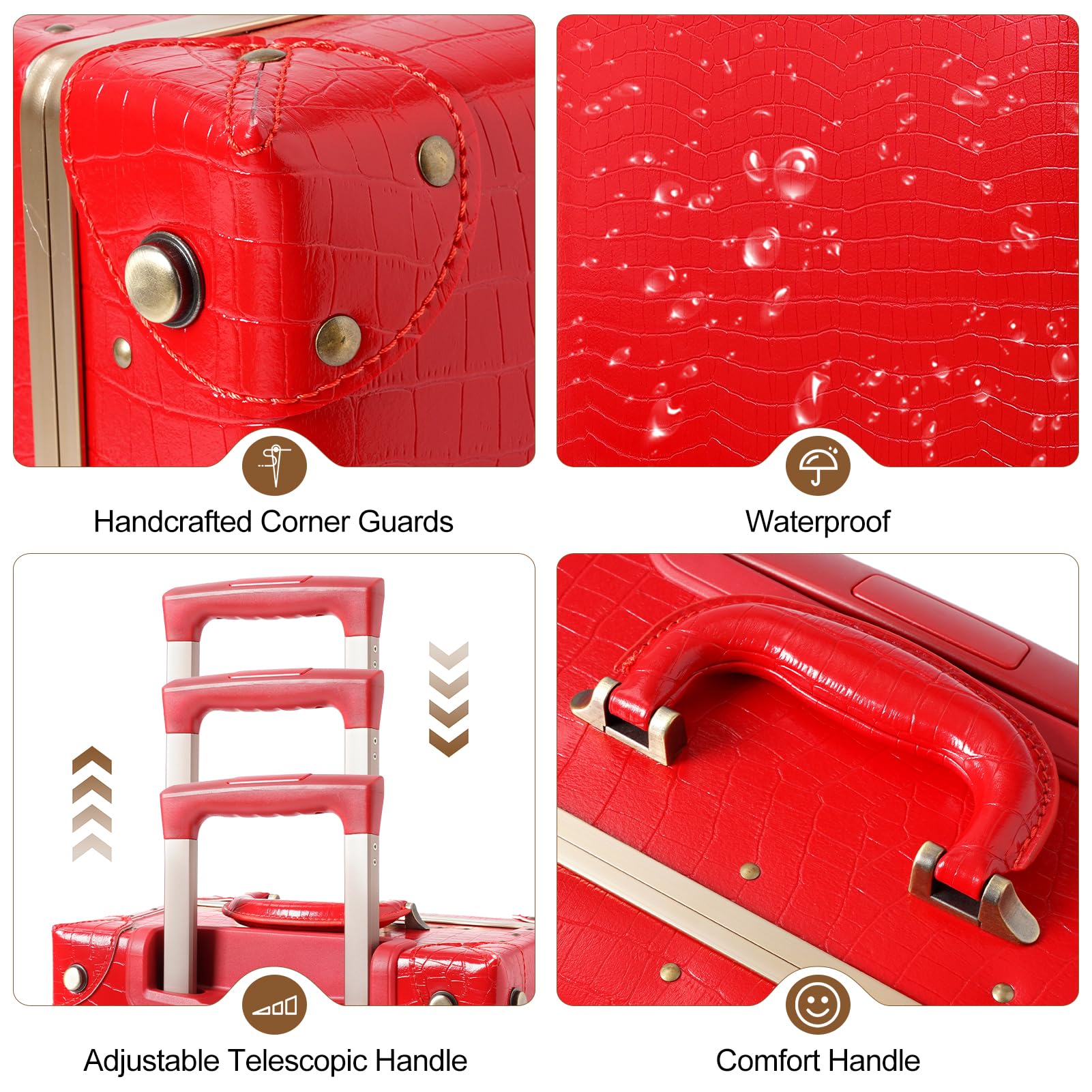 urecity Vintage Luggage Set of 2, Retro Suitcase Trunk with Wheels for Men and Women, Cute Designer Travel Luggage Set with Boarding Tote, Luggage Zipperless TSA Approved Red 20"+12" U1