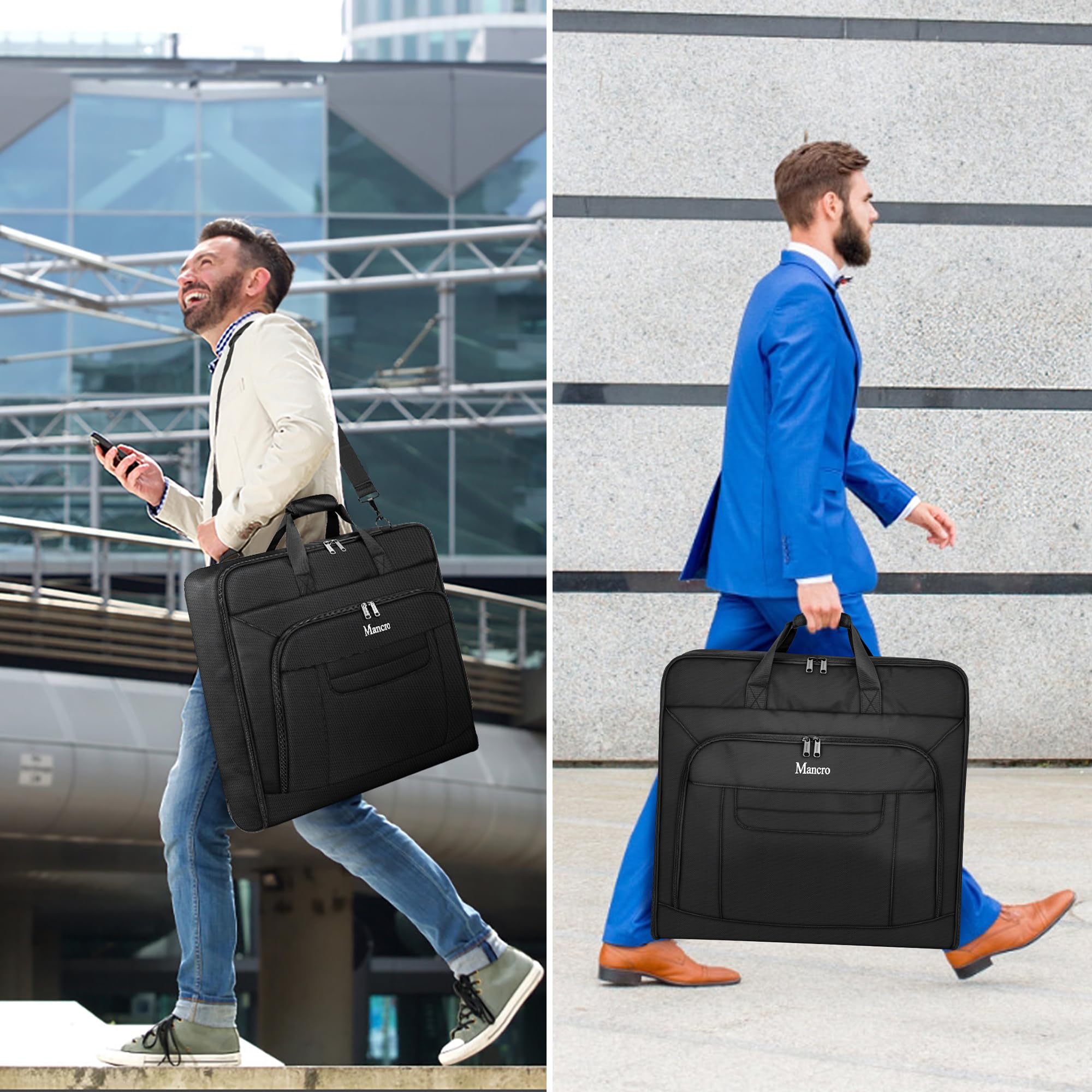 Mancro Garment Bags for Travel, Large Travel Suit Bag for Men Women with Shoulder Strap, Wrinkle Free Carry On Garment Bags for Hanging Clothes, Business Foldable Hanging Luggage Bag for Travel, Black U1