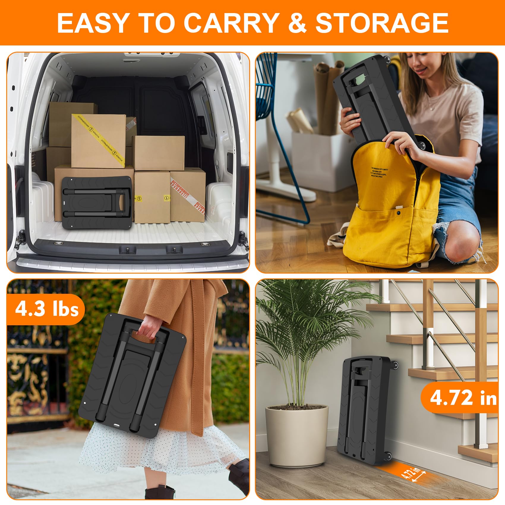 Folding Hand Truck, Portable Push Cart & Luggage Dolly Cart with 2 Braking Swivel Wheels and 3 Bungee Cords for Backpack, Travel, Moving, and Office Use U1