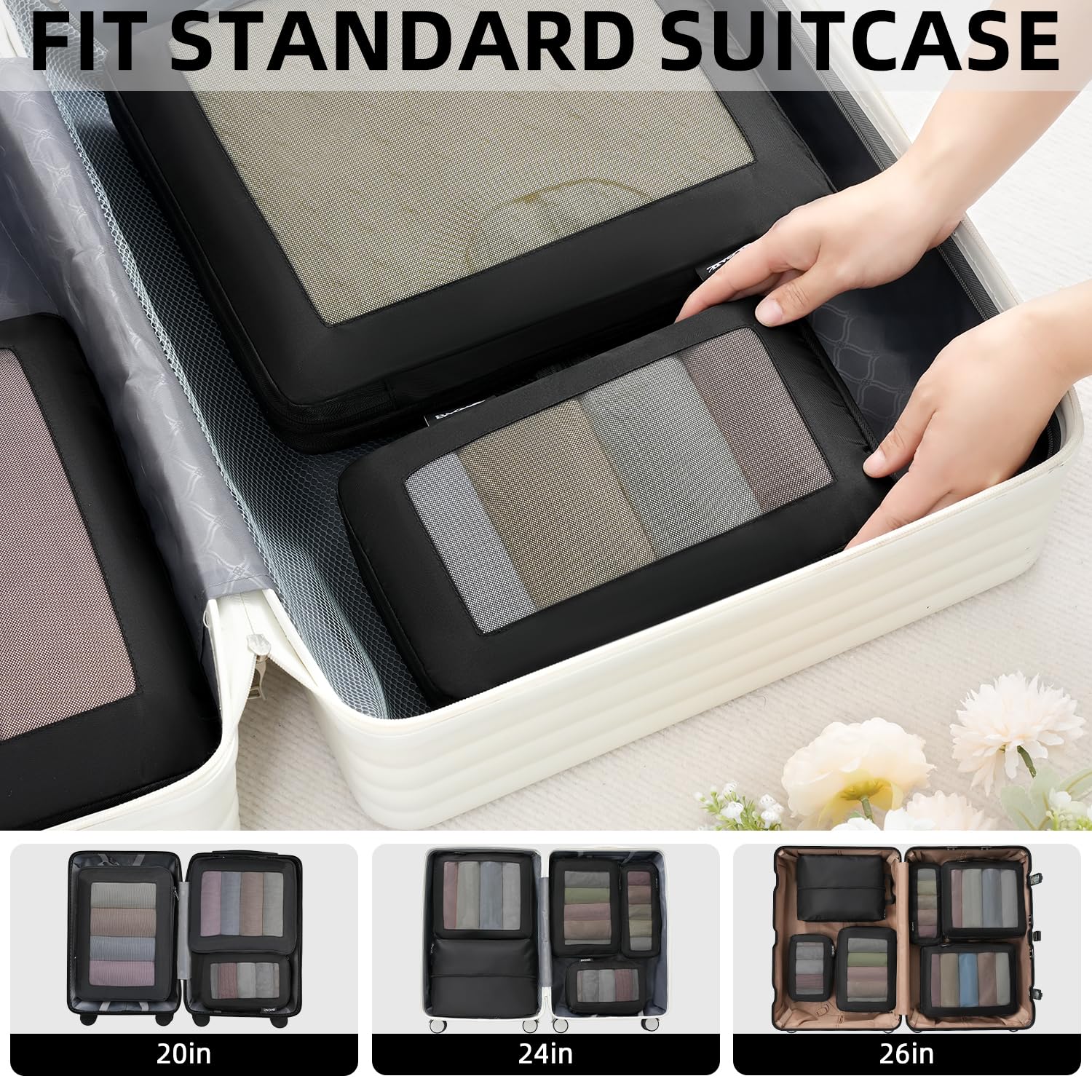 BAGAIL 4 Set/6 Set/8 Set Compression Packing Cubes Travel Accessories Expandable Packing Organizers (Square Mesh, 05-Jet Black) 05-Jet Black 10 inches x 7 inches x 2 inches U1