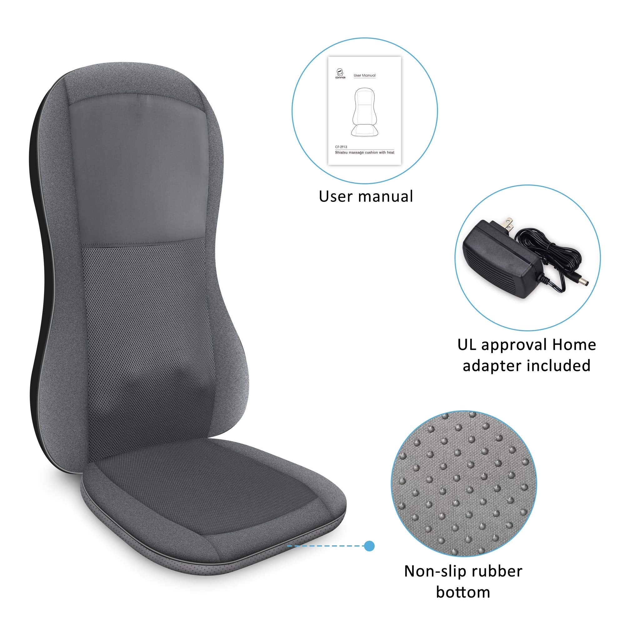COMFIER Full Back Massager with Heat -2D/3D Shiatsu Massage Seat Cushion with 10 Massage Nodes, Massage Chair Pad, Rolling Kneading Massage Pads for Back U1