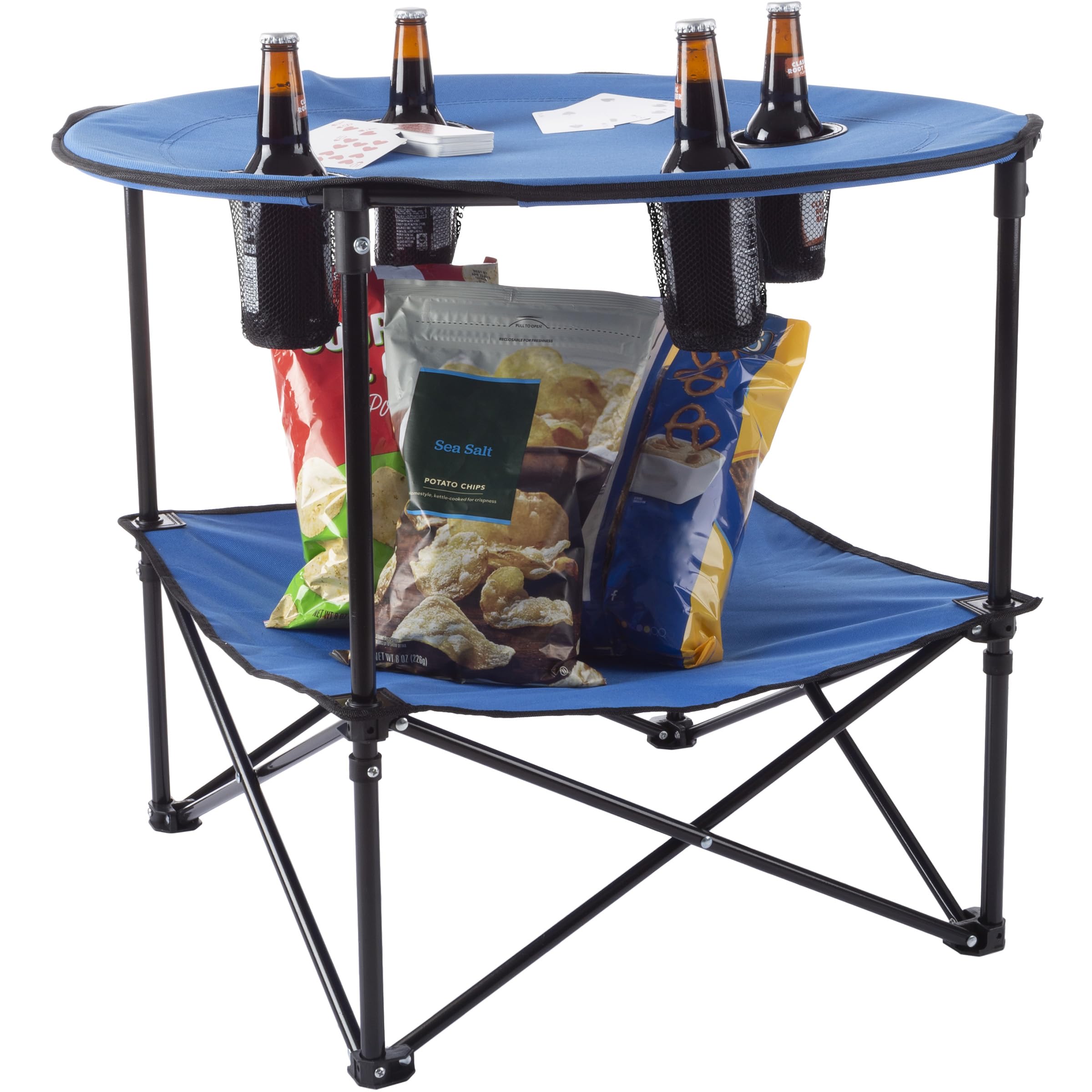 Wakeman Camp Table - Round 2-Tier Folding Table with 4 Cupholders and Carrying Bag - for Camping, Beach, Picnic, Sporting Events, and More Outdoors,Blue Blue 20" x 20" x 25.25" U1