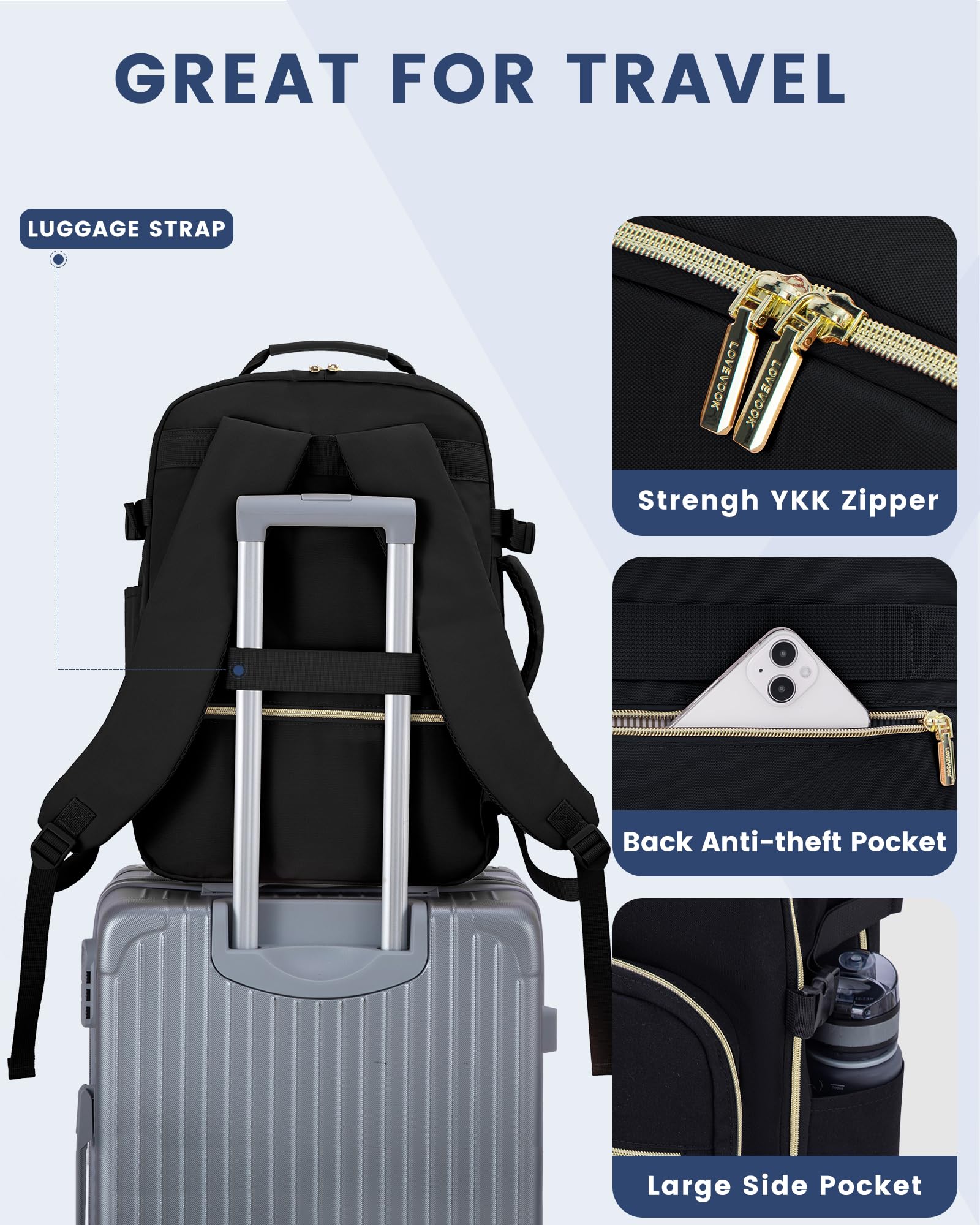 LOVEVOOK Travel Backpack for Women & Men 40L,Airline Approved Carry On Backpack Travel Essentials,TSA Carry on Luggage,Waterproof Personal Item Travel Bag,Suitcase with 3 Packing Cubes,Black-Black Black-black Large-40L-4Pcs U1