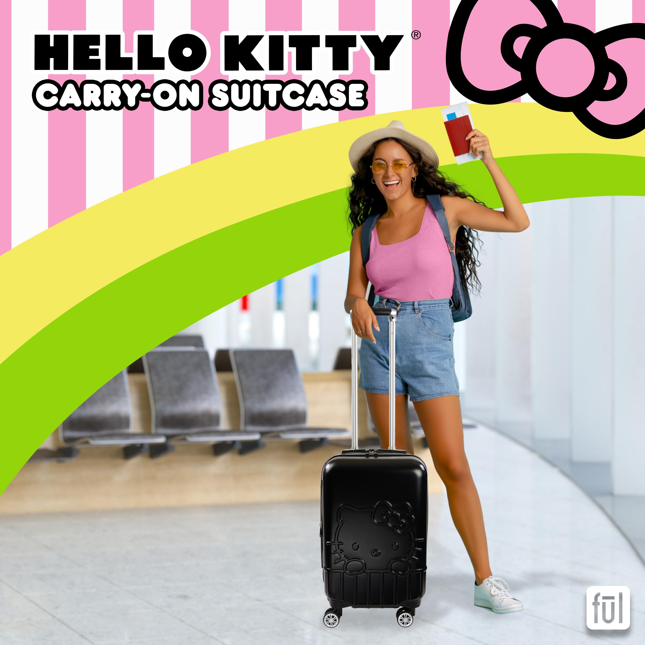 FUL Hello Kitty 21 Inch Carry On Luggage, Molded Hardshell Rolling Suitcase with Spinner Wheels, Black U1