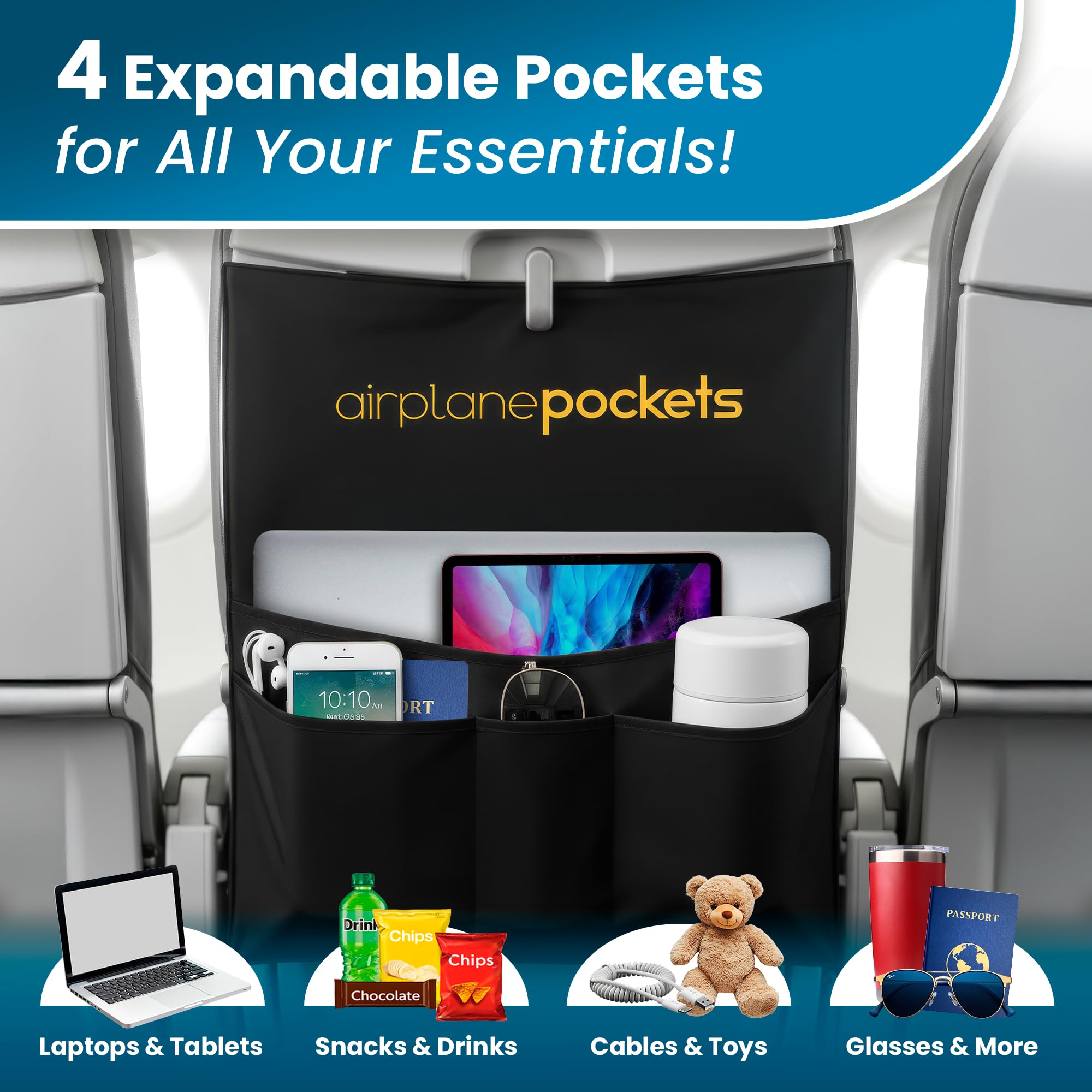 Airplane Pockets - Airplane Accessories - Plane Travel Essentials - Travel Organizer - Seat Storage Organizer - Air Travel Essentials - Seatback Organizer - International Travel Accessories Must Haves Black  U4