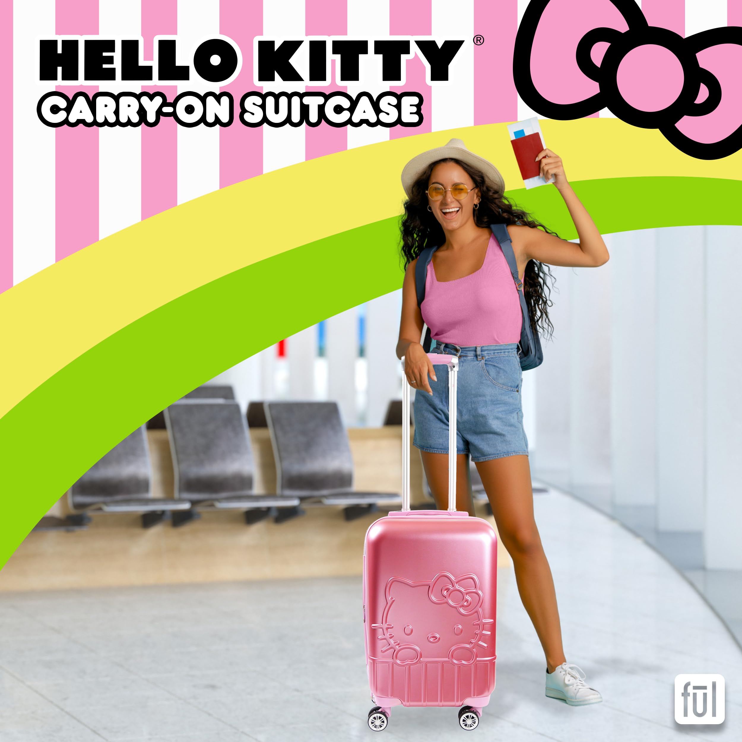 FUL Hello Kitty 21 Inch Carry On Luggage, Molded Hardshell Rolling Suitcase with Spinner Wheels, Pink Pink 21 Inch U1