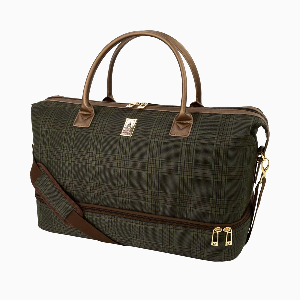 LONDON FOG Brentwood III 20" Drop Bottom Satchel, Olive Bronze Plaid, 20 inches Olive, Bronze 20 inches U1