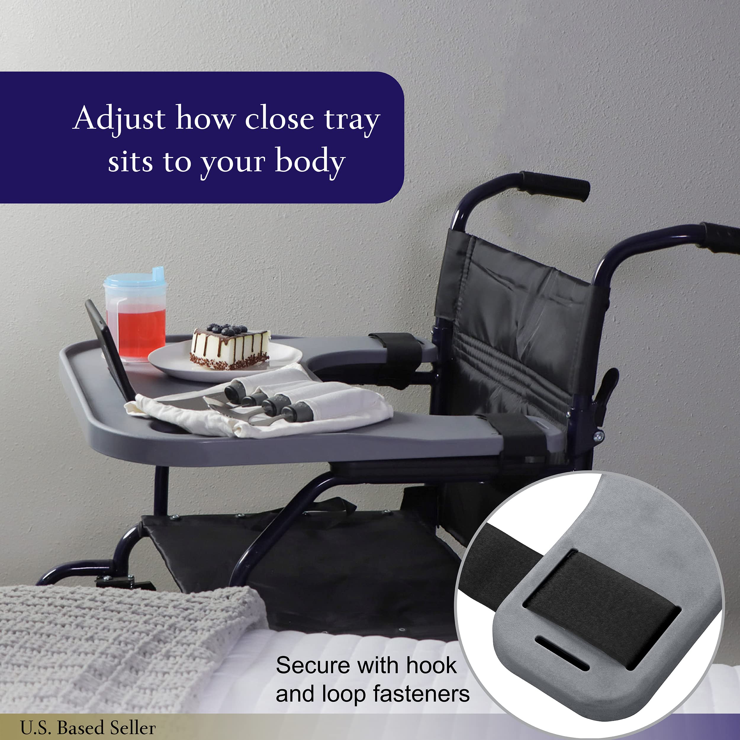 Mondo Medical Gray Strap On Wheelchair Tray Table Attachment for 18 to 20in Wide Wheelchair - Removable Electric Wheelchair Accessories for Adults with Cup Holder and Phone Groove U1