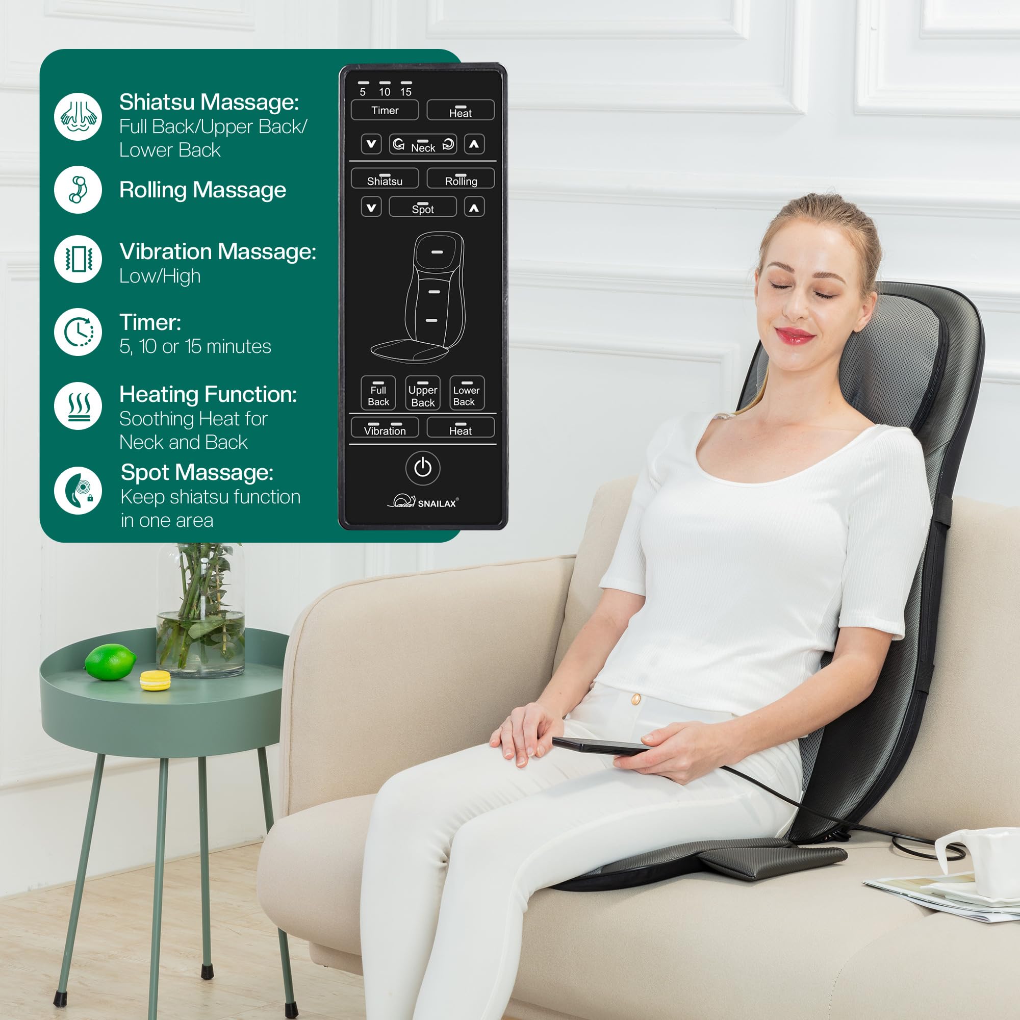 Snailax shiatsu Neck & Back Massager with Heat, Full Back Kneading Shiatsu or Rolling Massage, Massage Chair pad with Height Adjustment, Back Massager for Neck and Shoulder Grey and Black 1 Count (Pack of 1) U2